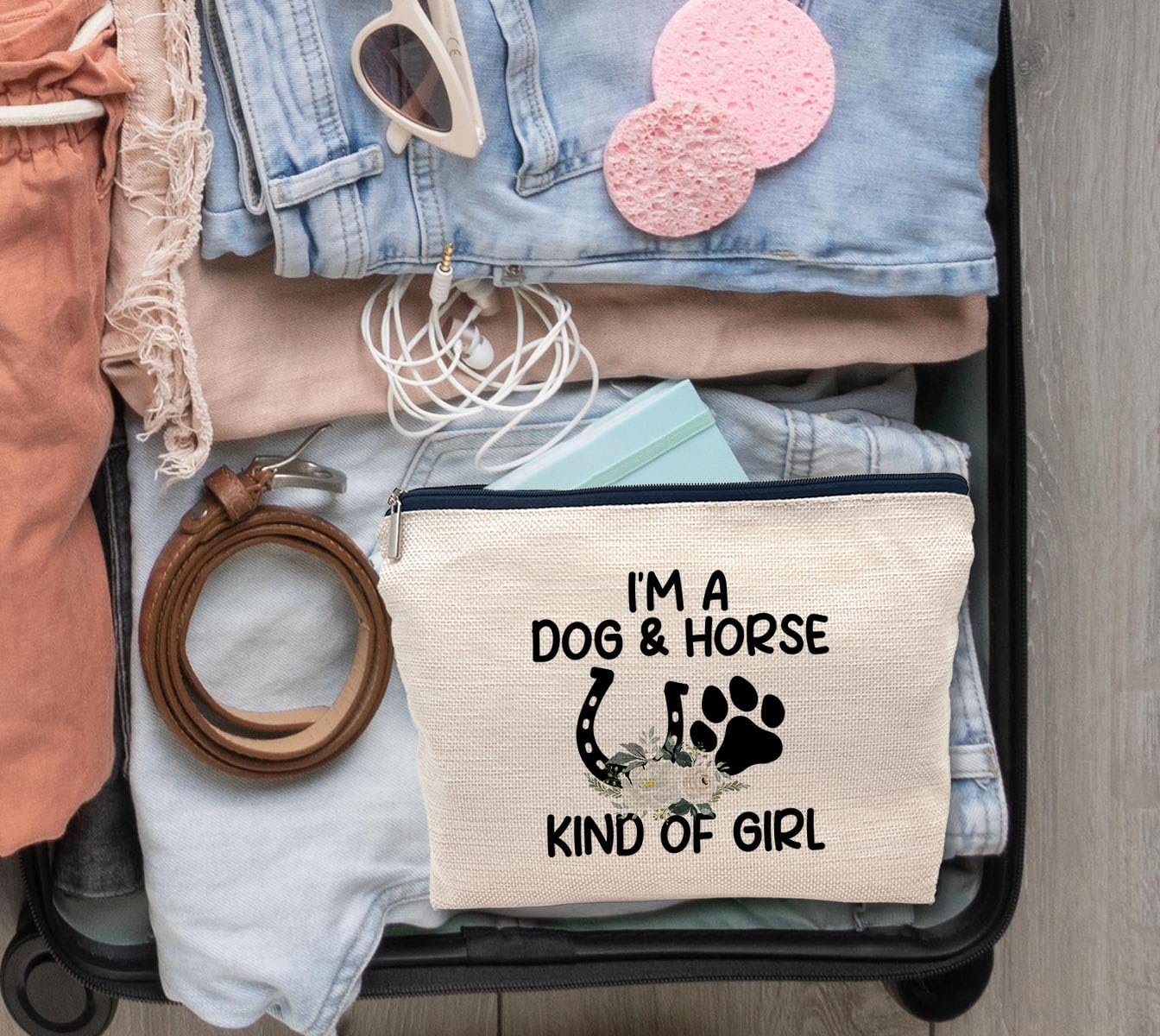 Premium Horse & Dog Themed Makeup Bag with Zipper - Perfect Gift for Dog Lovers & Horse Enthusiasts - Travel Toiletry Pouch for Women - 'I'm a Dog Horse Kind of Girl' Design - Ideal for Travel, Gym & Daily Use