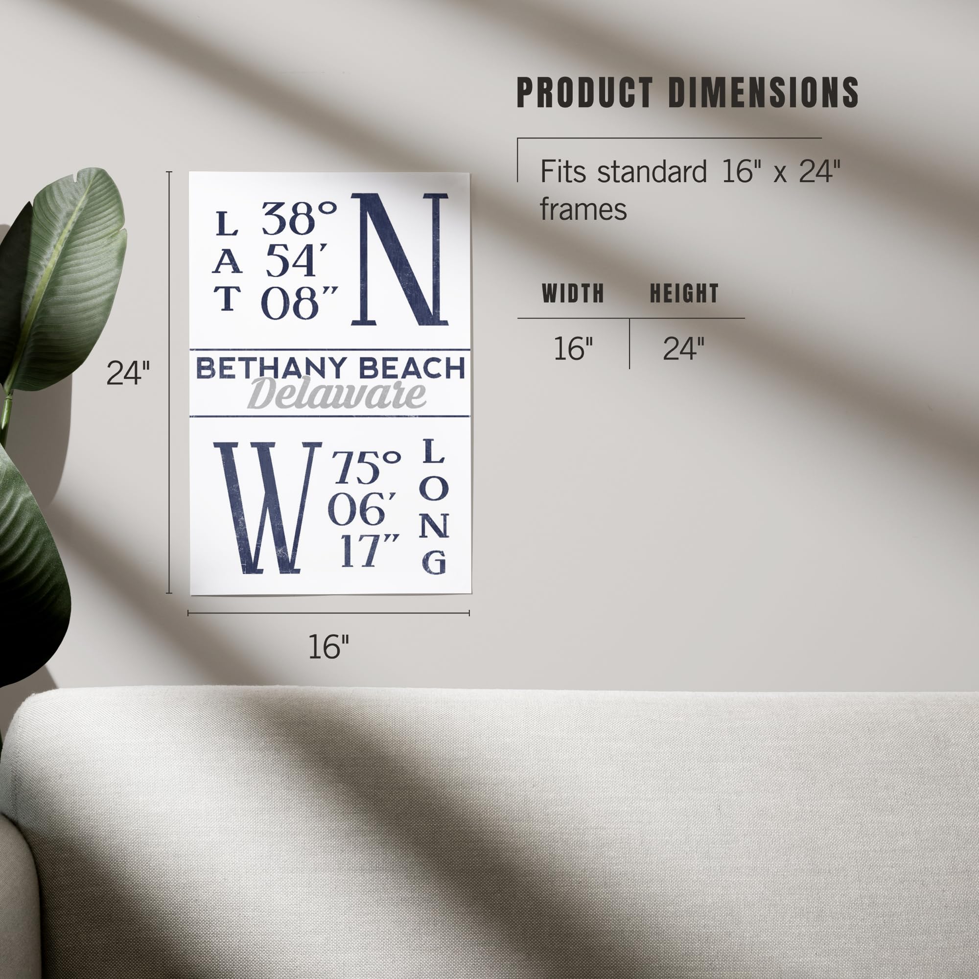 Lantern Press 16x24 Inch Giclee Art Print - Bethany Beach Delaware Coastal Wall Decor with Latitude & Longitude Coordinates (Blue) - Perfect for Beach House, Living Room or Office Wall Art
