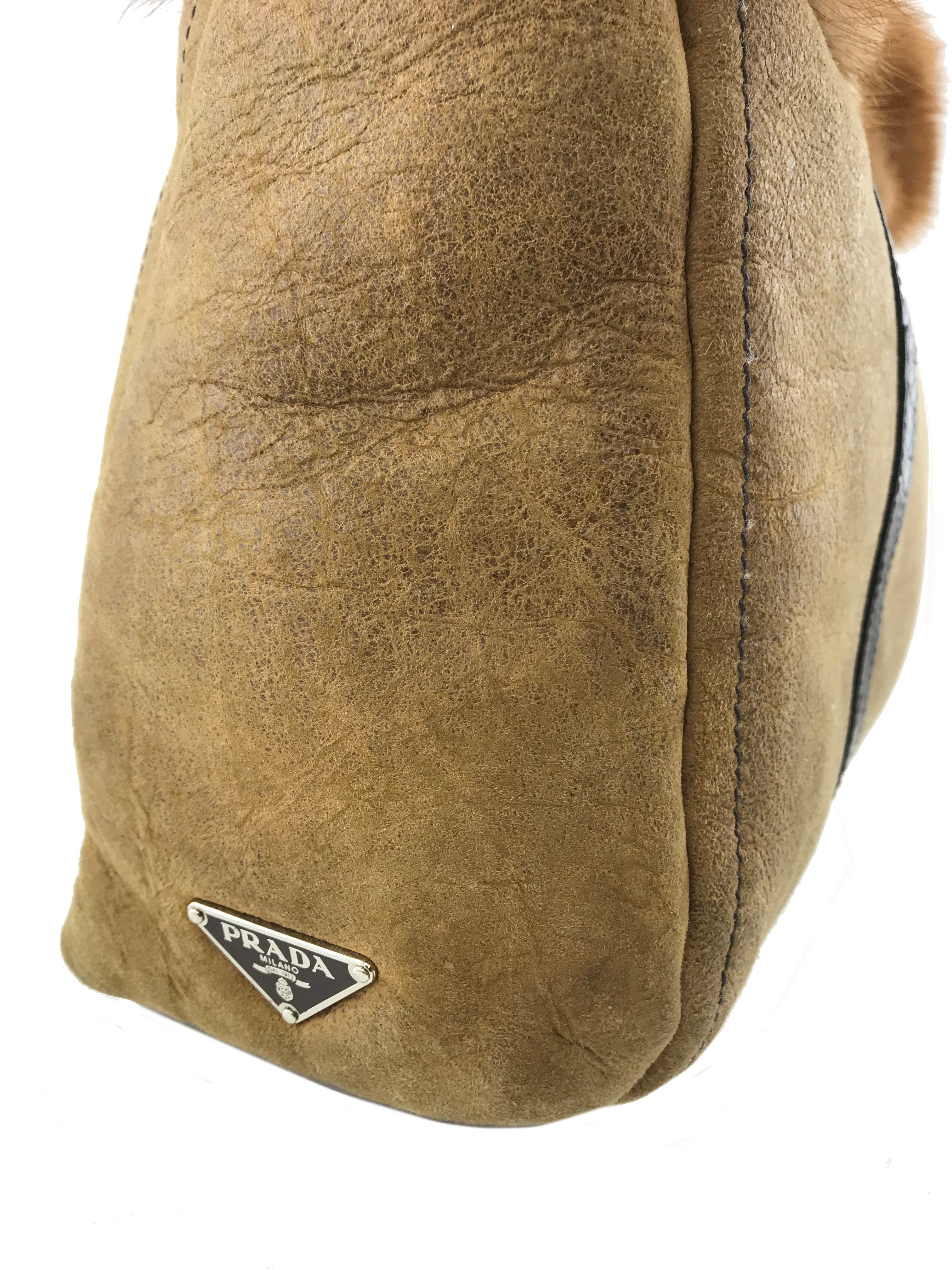 Prada Distressed Leather Mink Fur Tote Bag for Women - Luxury Designer Handbag for Shopping, Work & Travel | Stylish Everyday Purse for Office & Outings