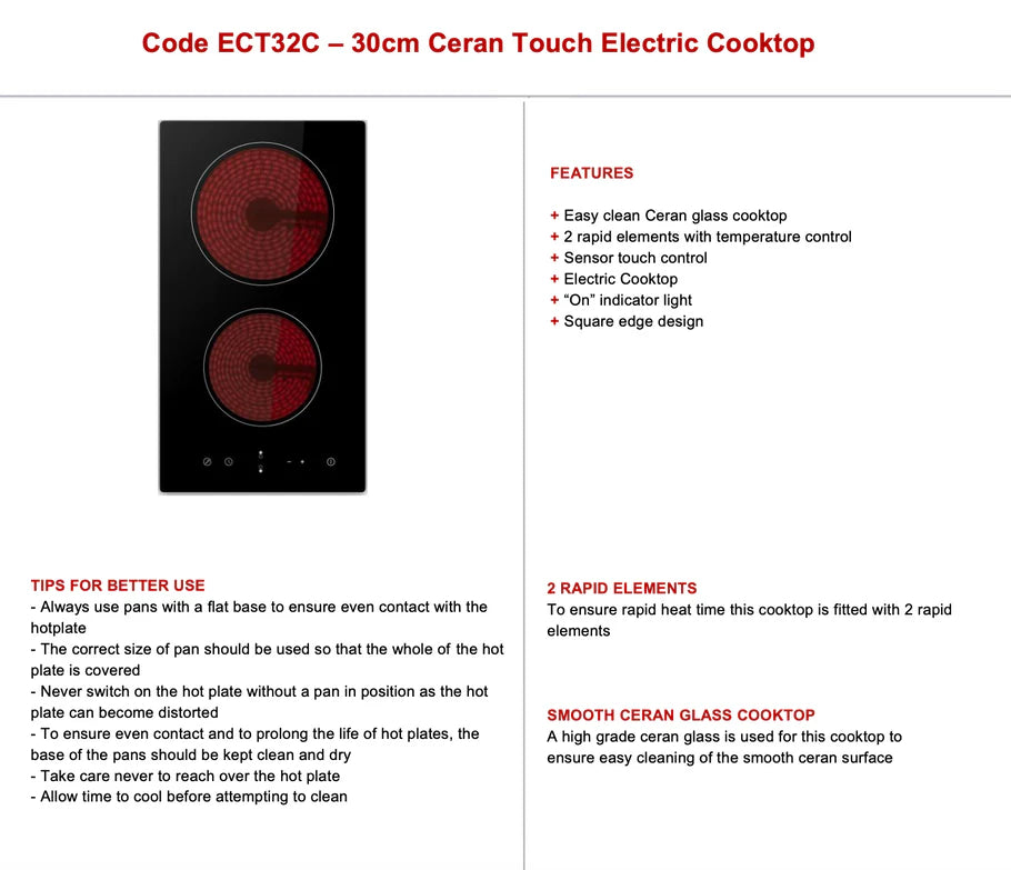 Euro Appliances ECT32C 30cm Ceran Touch Electric Cooktop - Perfect for Small Kitchens, Apartments & RVs