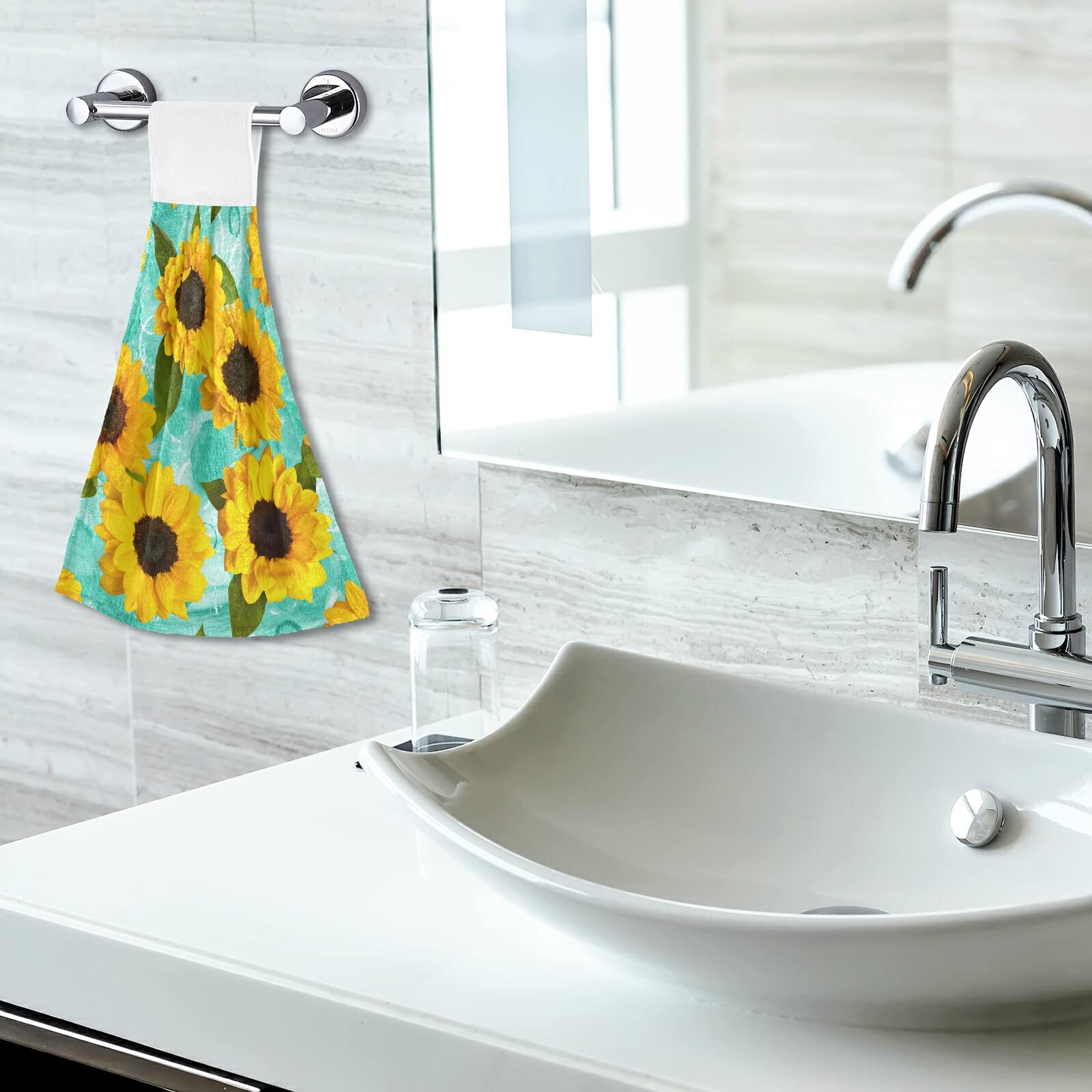 Spring Sunflowers Teal Kitchen Hand Towel 2 Pack - Soft Absorbent Microfiber Dish Towels with Hanging Loop for Kitchen, Bathroom & Stove - Yellow Floral Green Summer Decor