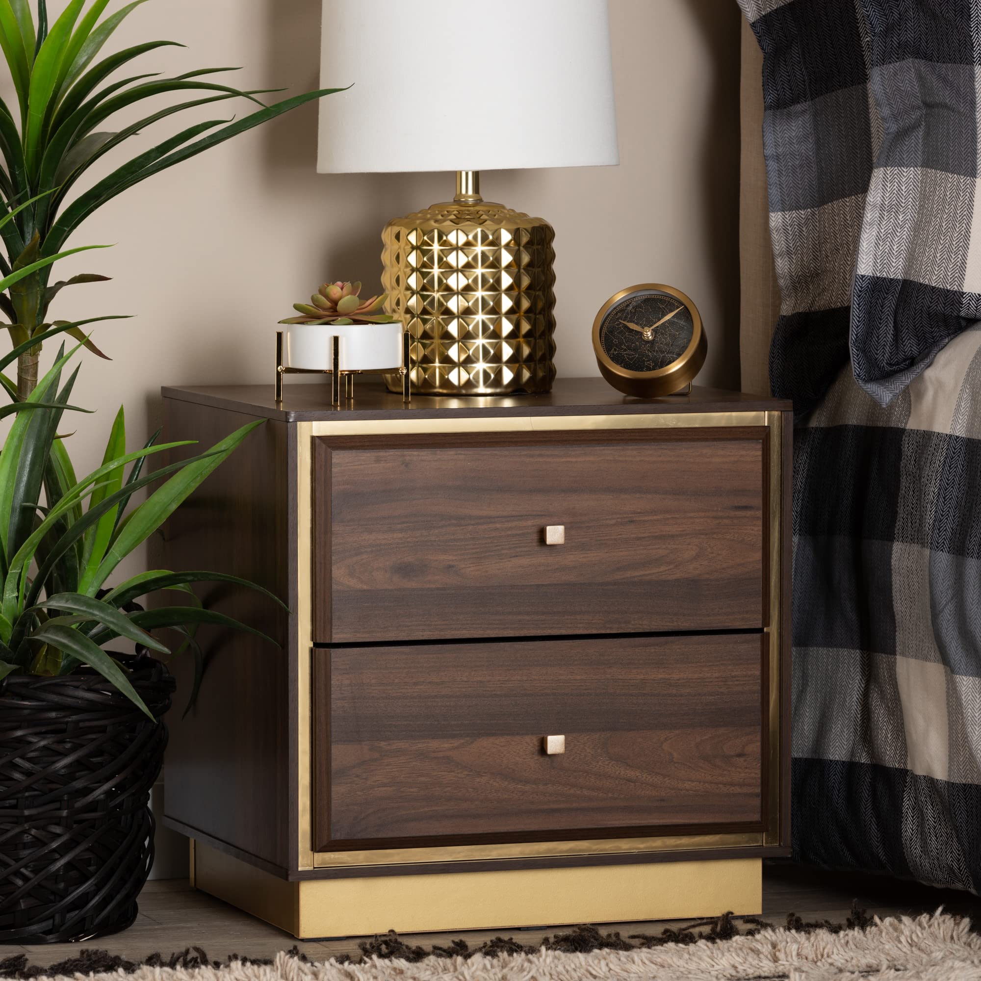 Baxton Studio Cormac Nightstands - Walnut Brown & Gold Finish, Modern Bedside Tables for Bedroom, Nightstand with Drawer & Shelf - Perfect for Home Decor & Small Space Storage