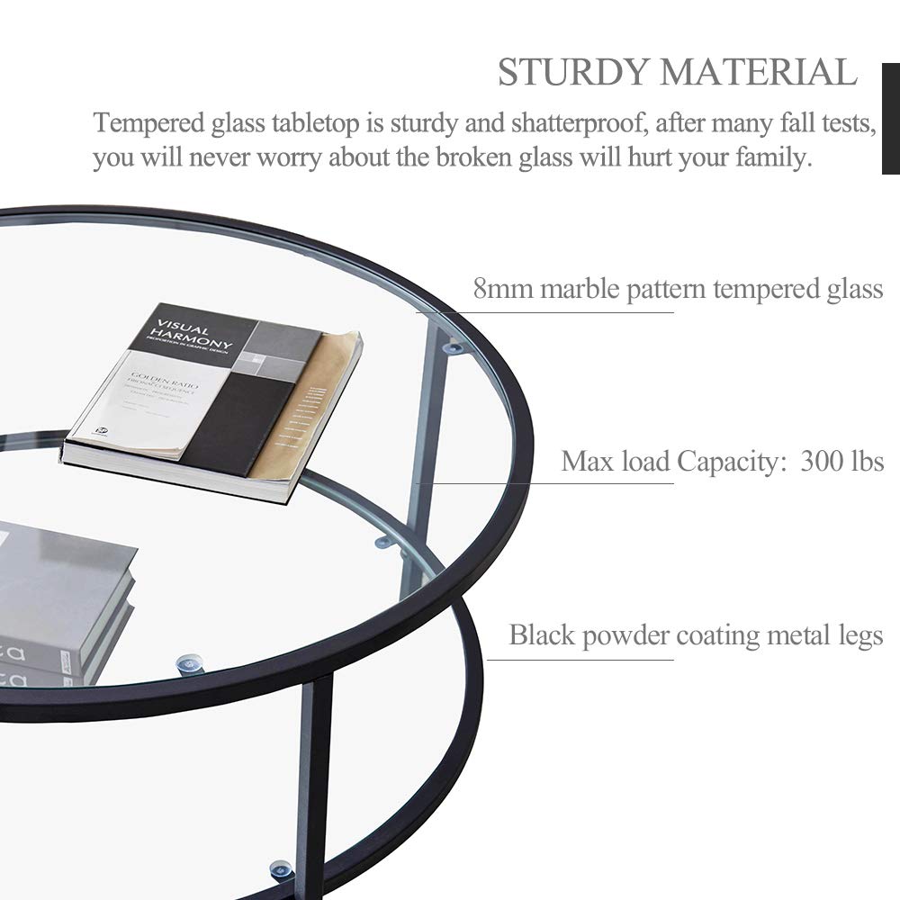 Modern Round Glass Coffee Table with 2-Tier Tempered Glass & Metal Frame - Black Living Room Center Table with Storage Shelf for Dining Room, Tea Time, and Home Décor - Perfect for Small Spaces and Contemporary Interiors