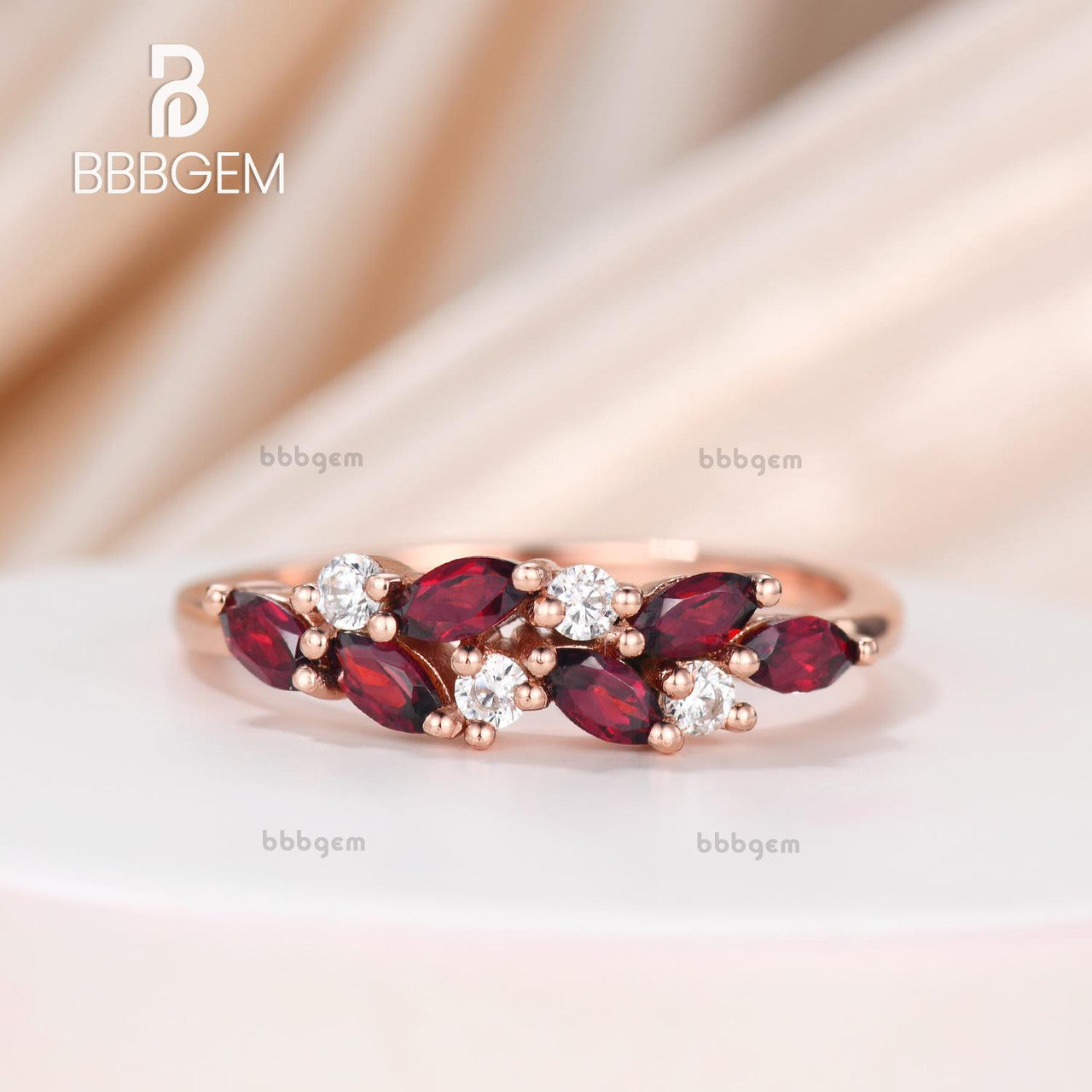 14K Rose Gold Marquise Round Red Garnet Diamond Stacking Promise Ring for Women - Perfect Gift for Her, Anniversary, Engagement, or Special Occasion