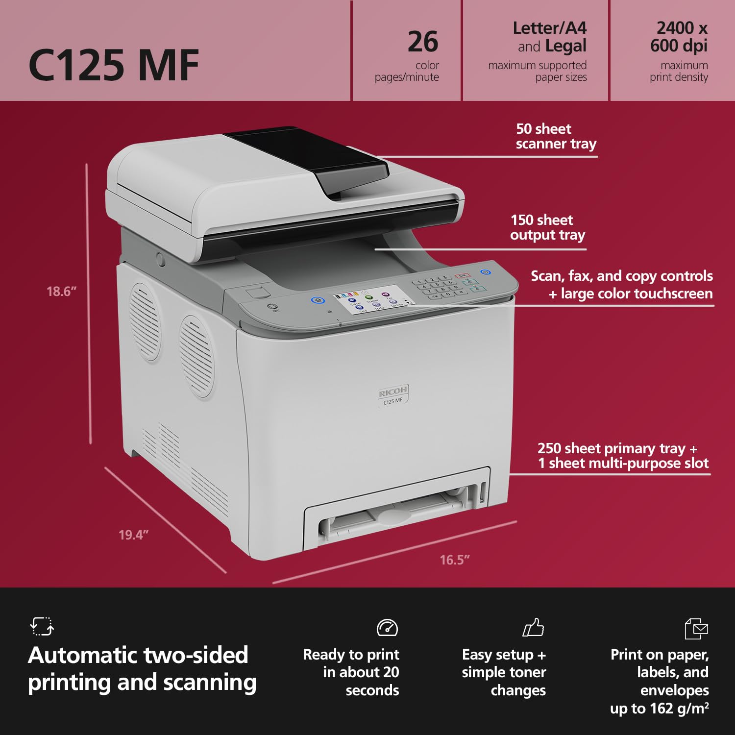 RICOH C125 MF Color Laser All-in-One Printer | 26ppm Fast Printing | Wireless Multifunction Copier Scanner Fax Machine | Secure WiFi, AirPrint, Touchscreen | Duplex & Ethernet Connectivity | Ideal for Home Office & Small Business Printing