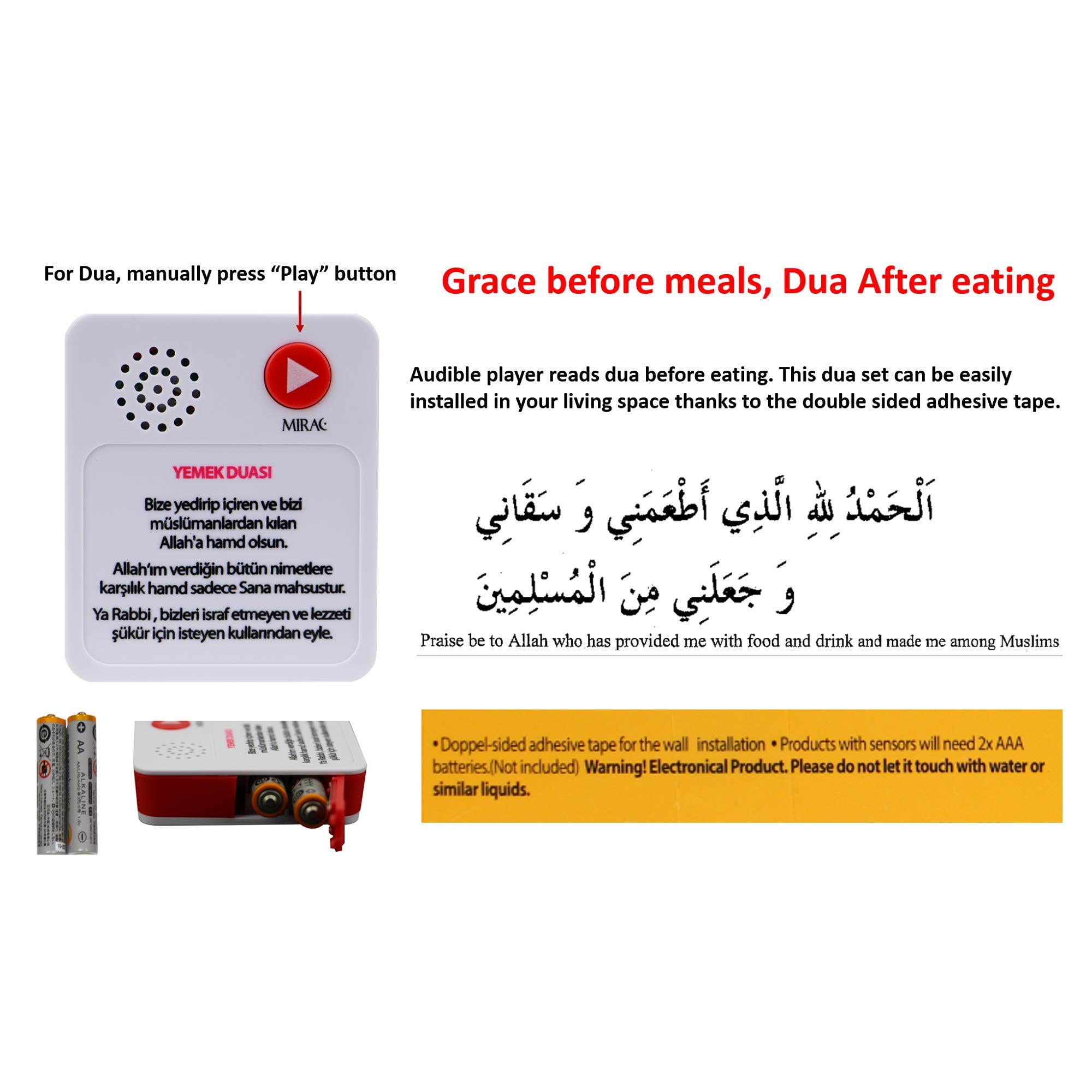 Mirac Islamic Audible Dua Player - Portable Digital Quran Prayer Device with 200+ Duas for After Eating, Meals, Breakfast & Dinner - Islamic Blessing & Gratitude Recitation for Home, Mosque & Travel Use