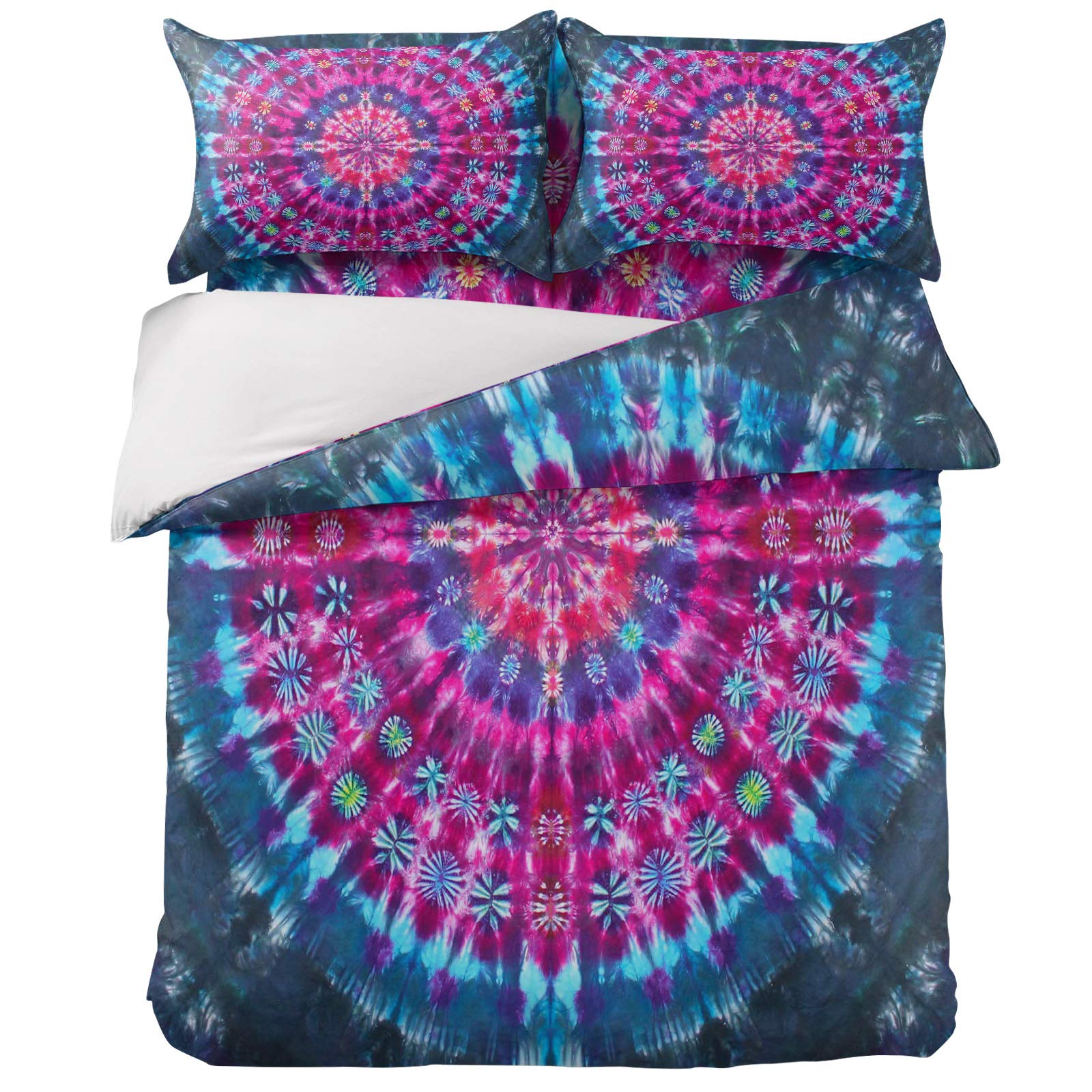 4-Piece Bohemian Mandala Tie-Dye Duvet Cover Set - California King Size Ultra Soft Quilted Bedding with 2 Pillowcases | Ethnic Hippie Style for Bedroom Decor, Guest Room & Dorm