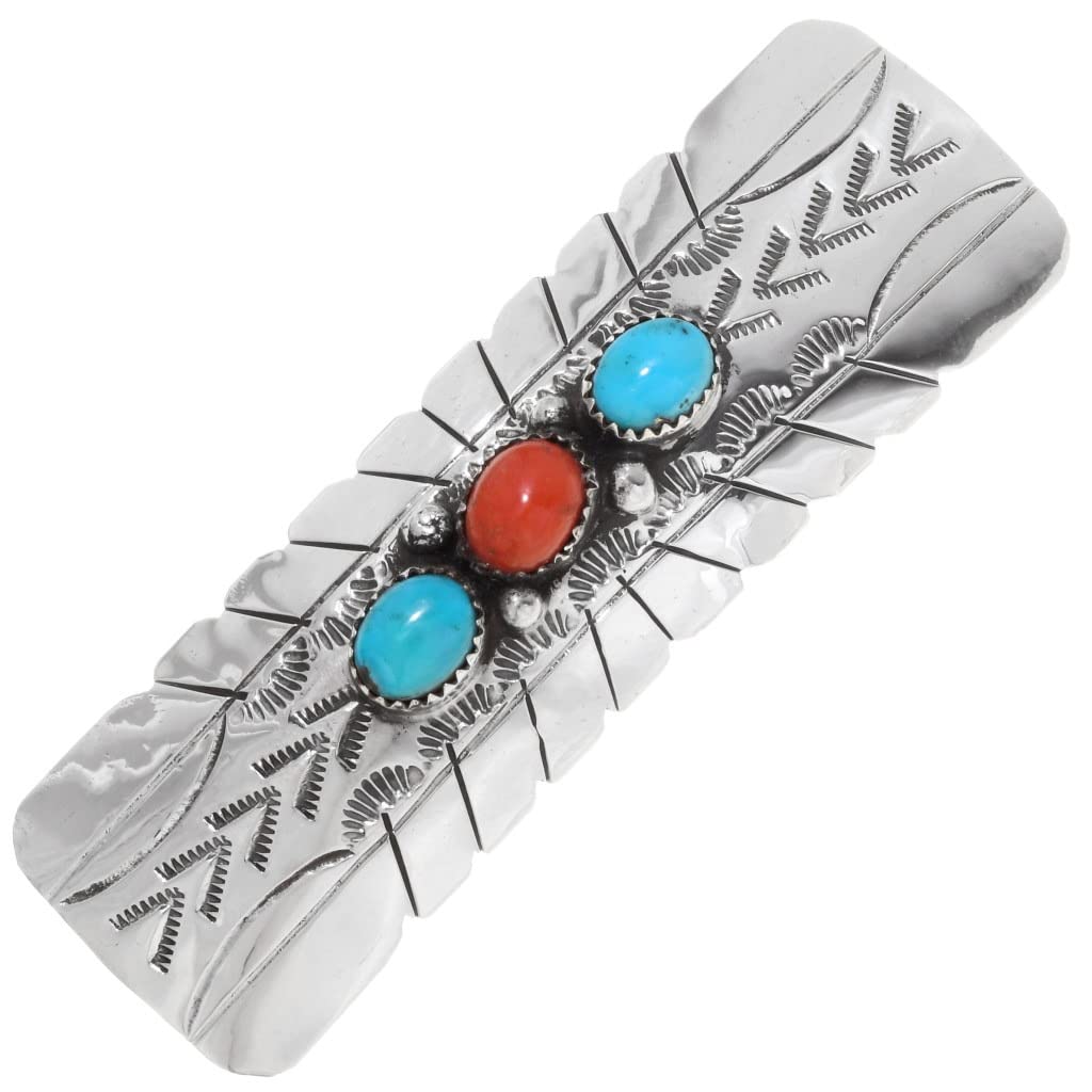 Turquoise Coral Hair Barrette - Navajo Style Hammered Silver Spring Clip Hair Accessory for Women | Perfect for Weddings, Parties & Everyday Wear (Style 0205)