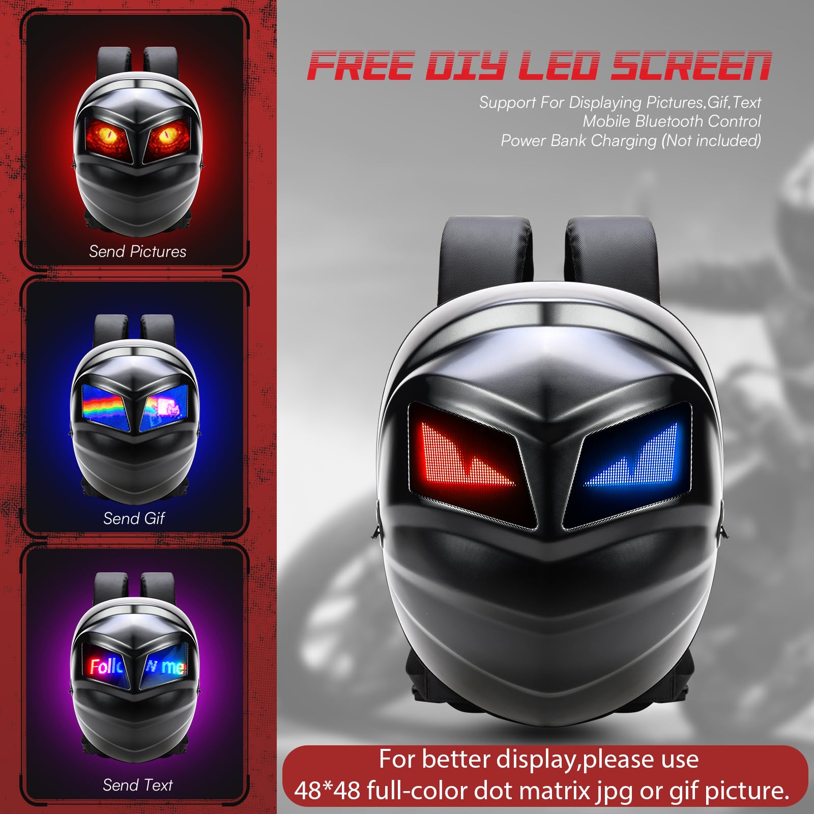 2025 Motorcycle Helmet Backpack with Programmable LED Display - USB Expandable Large Capacity Shoulder Bag for Riding Gear Storage - Perfect Father's Day Gift for Bikers & Outdoor Enthusiasts (Great for Commuting, Road Trips & Motorcycle Events)