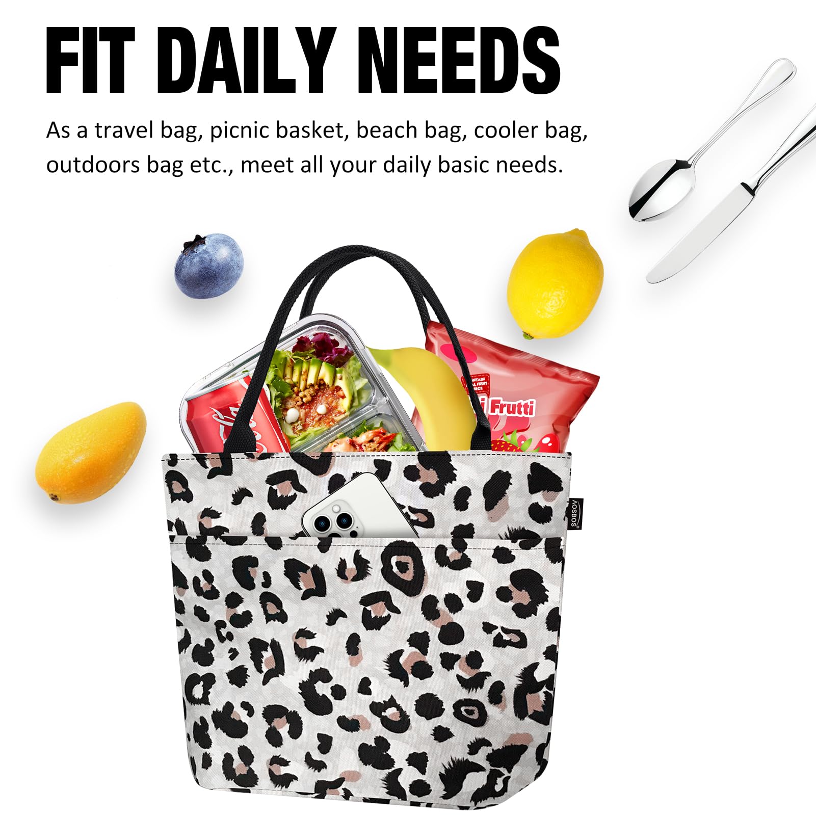 Aosbos Insulated Leopard Print Lunch Bag for Women - Leakproof Lunch Tote & Cooler Bag for Work, Office, School, Picnics | Loncheras Para Mujer, Adult Lunch Box with Thermal Insulation