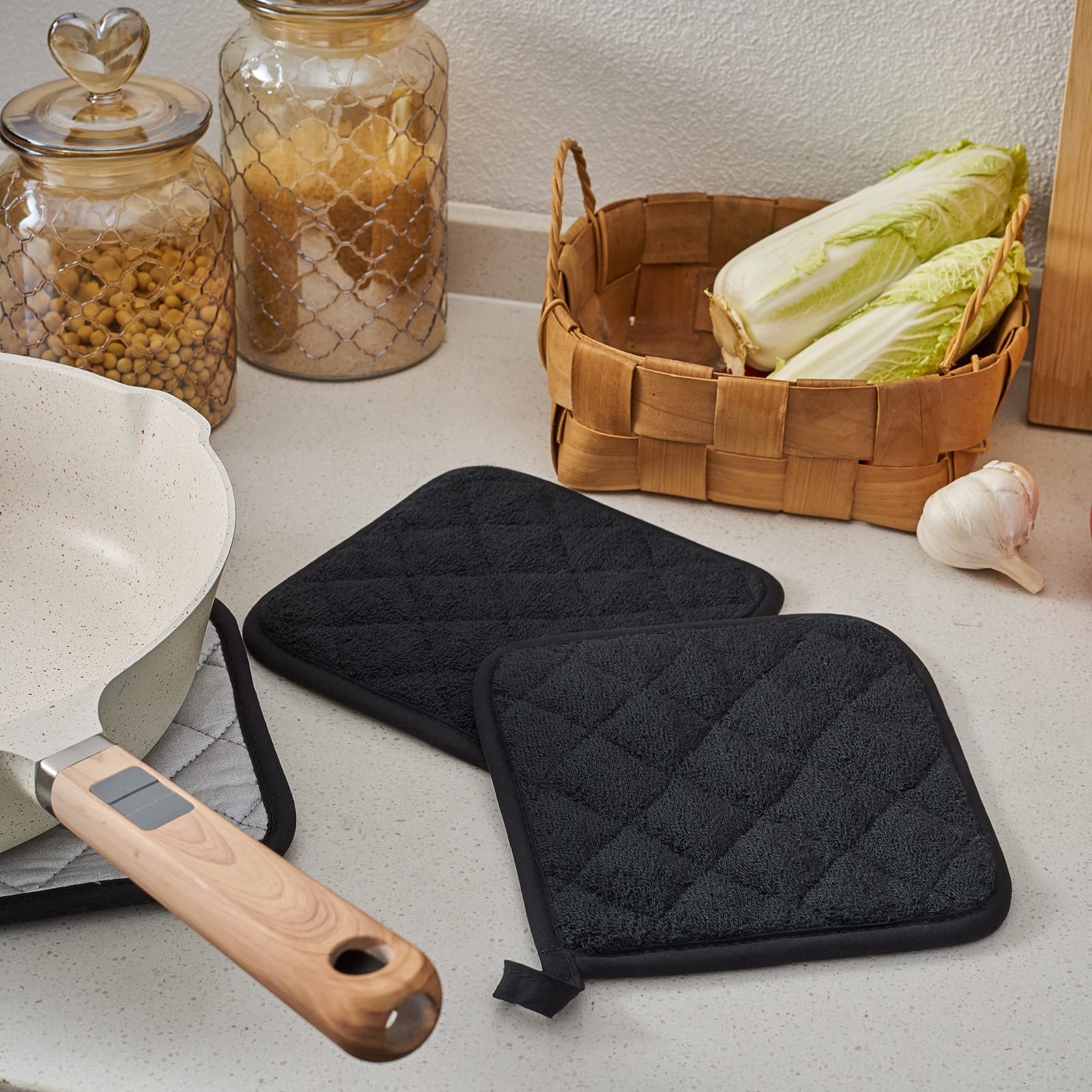 Heat Resistant Cotton Kitchen Pot Holders Set - 7 x 7 Inch (6 Pack) Black - Oven Mitts, Hot Pads & Trivets for Cooking, Baking & Serving - Perfect for Everyday Use, Holiday Meals & Hosting Gifts