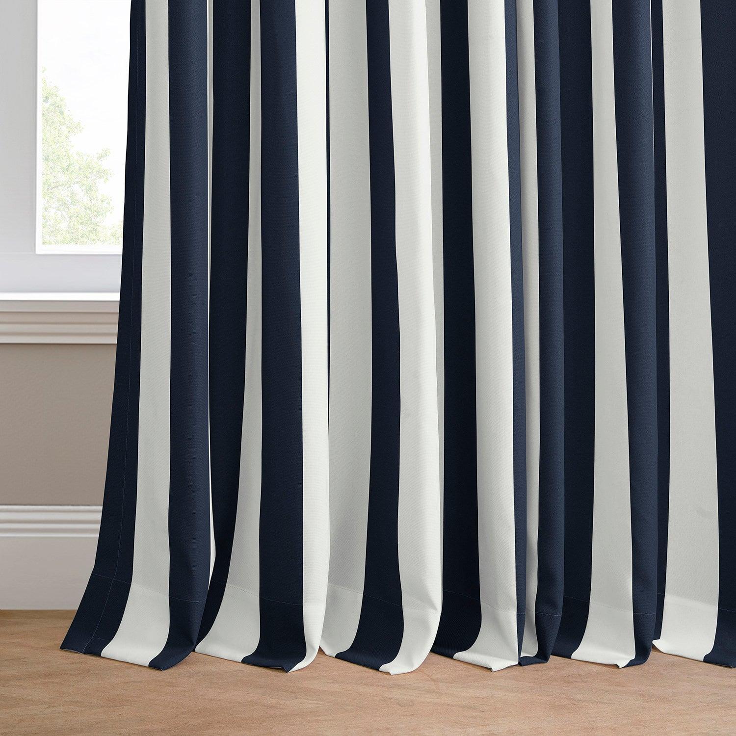 Nautical Navy Blue Striped Grommet Villanova Outdoor Curtains - Waterproof Sun Shade Patio Curtains for Porch, Deck, Poolside & Backyard