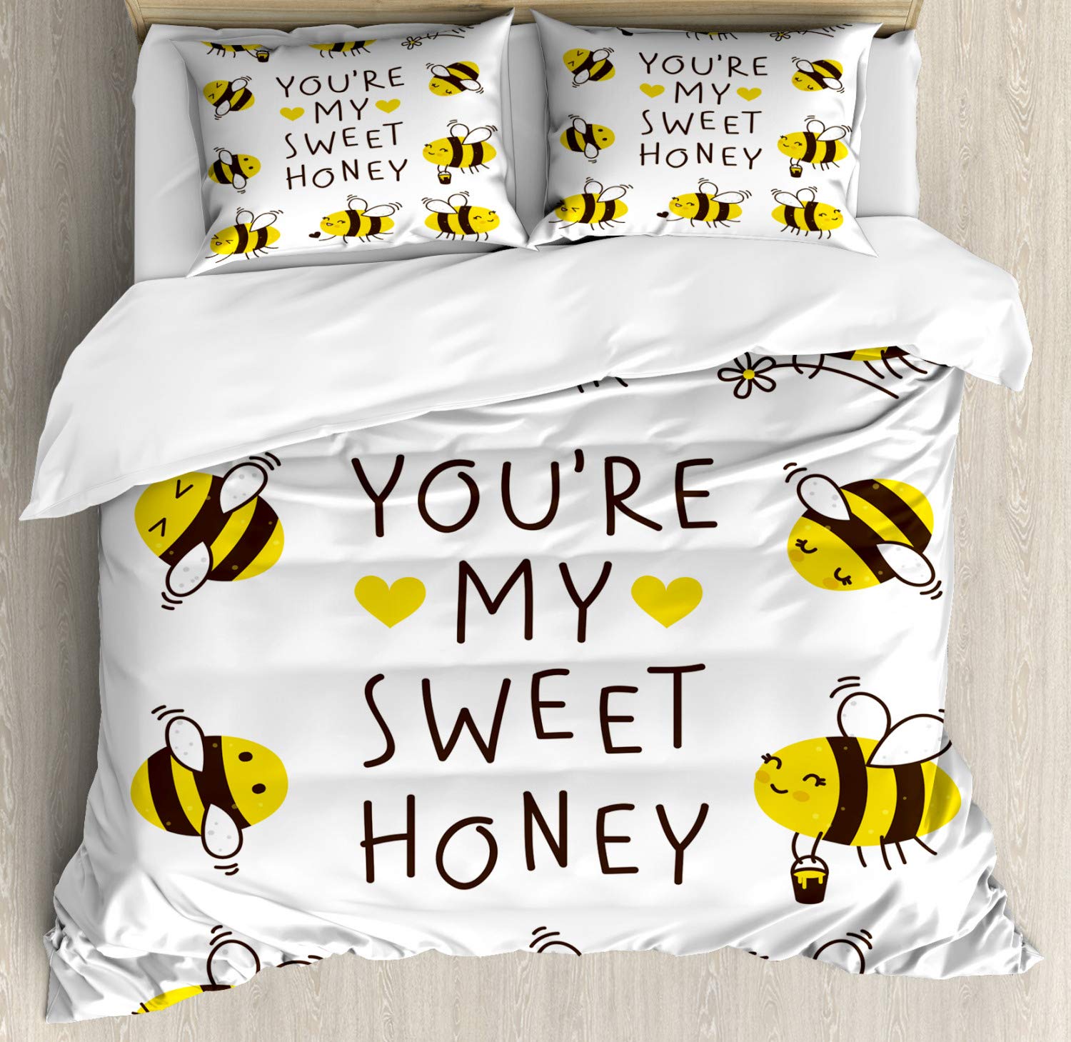 Ambesonne Cartoon Duvet Cover Set - King Size 3 Piece Bedding with Happy Bees & Hearts Design, Yellow & Dark Brown - Perfect for Couples Bedroom Decor & Honey Themed Home Decor