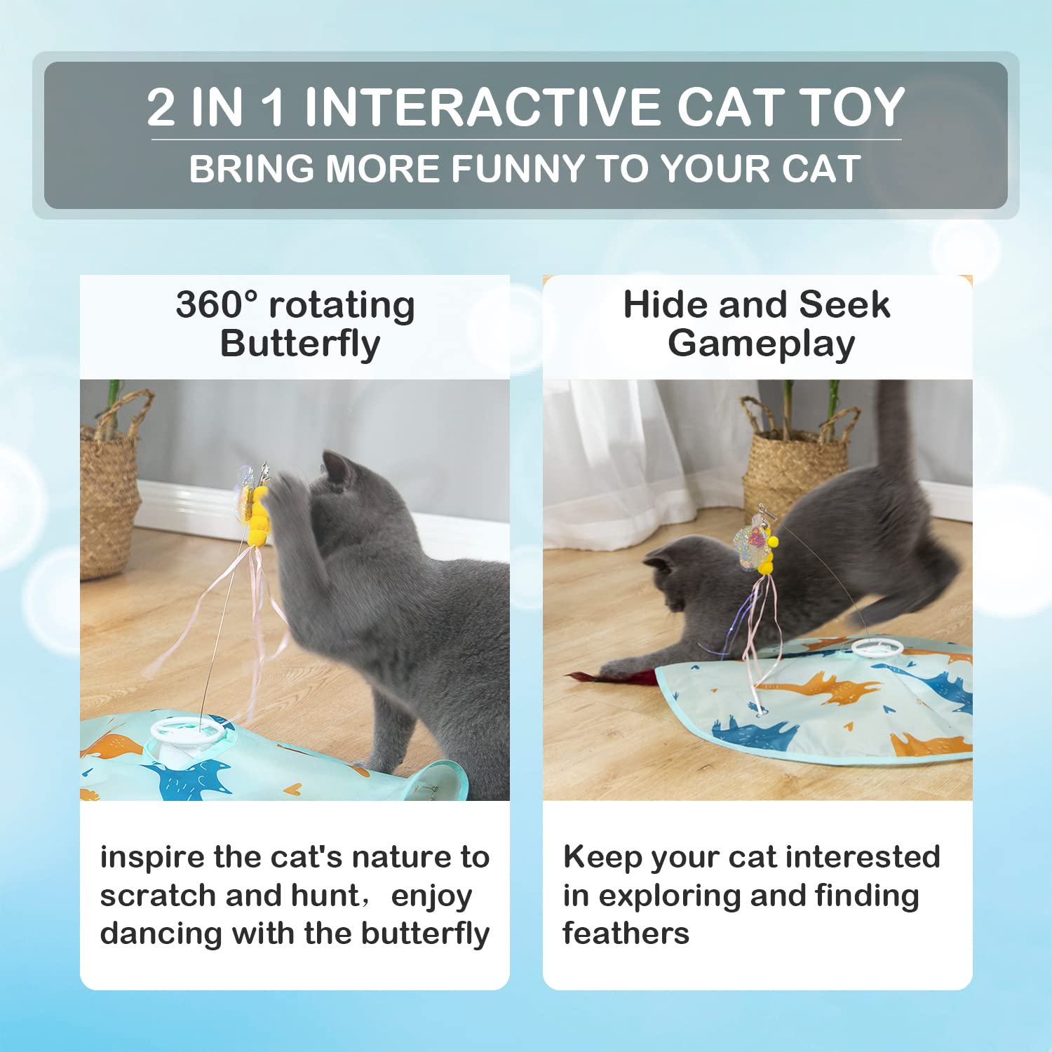2-in-1 Rechargeable Motion Activated Interactive Cat Toys for Indoor Cats - Long Lasting Motorized Chasing Toy with Butterfly & Feather Wand for Exercise & Play | Perfect for Boredom Relief & Active Playtime