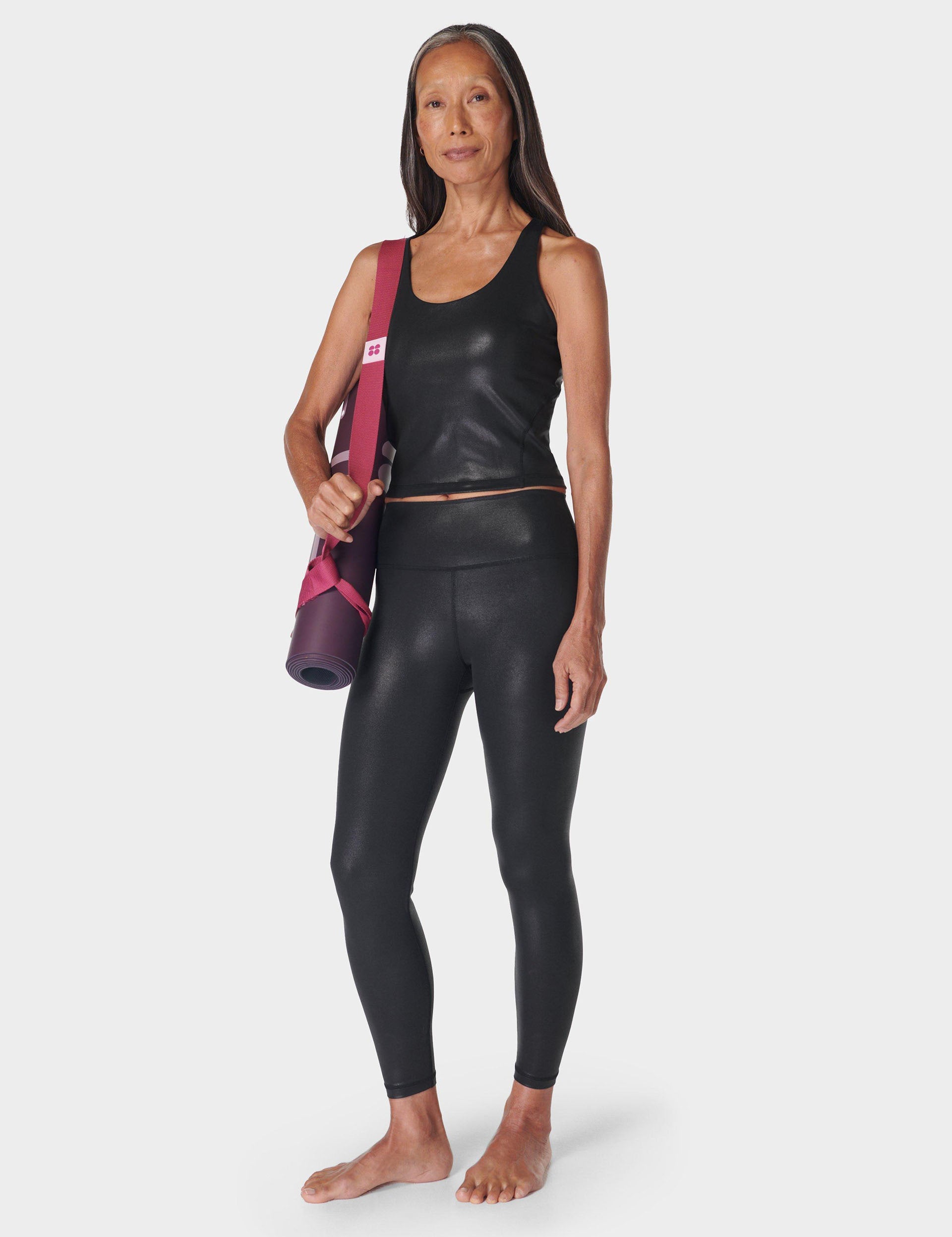 Glow Shine High Waist 7/8 Yoga Leggings for Women - Black | Moisture-Wicking & Stretchy Workout Pants for Running, Gym & Lounge