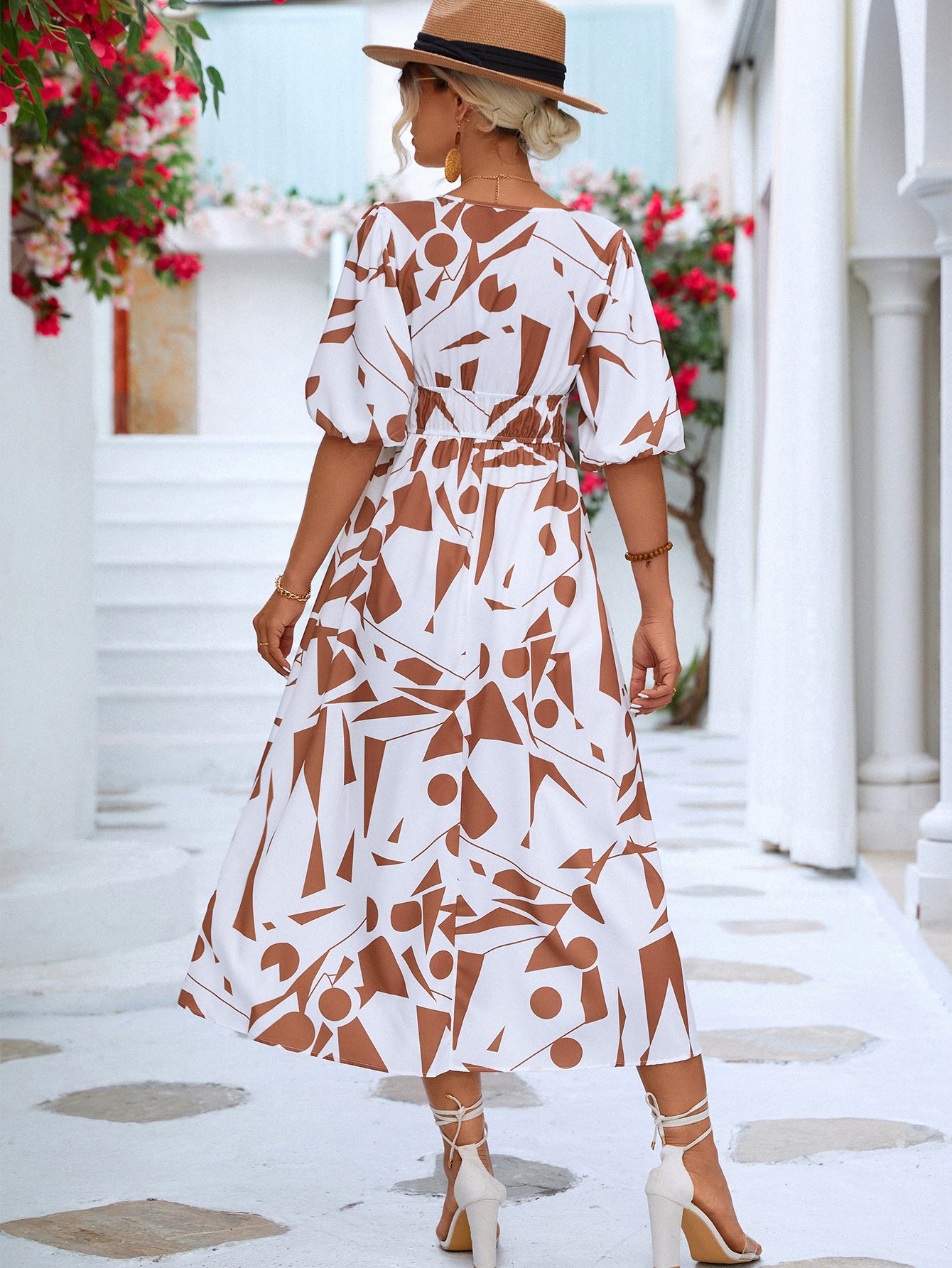Elegant Printed Surplice Balloon Sleeve Dress for Women | Flowy Summer Maxi Dress | Perfect for Beach Vacations, Weddings & Date Nights