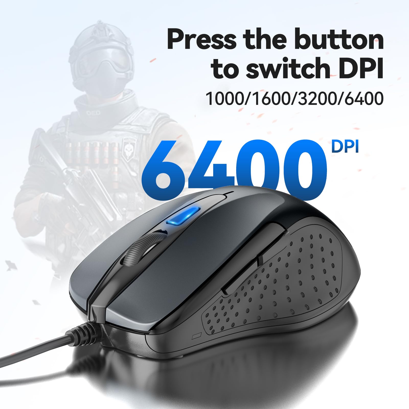 TECKNET Ergonomic USB Wired Mouse - 6 Button Corded Computer Mouse with 4 Adjustable DPI (800/1200/1600/2400), 5FT Long Cable for PC, Laptop, Mac, Chromebook - Perfect for Office Work, Gaming & Home Use (Gray)