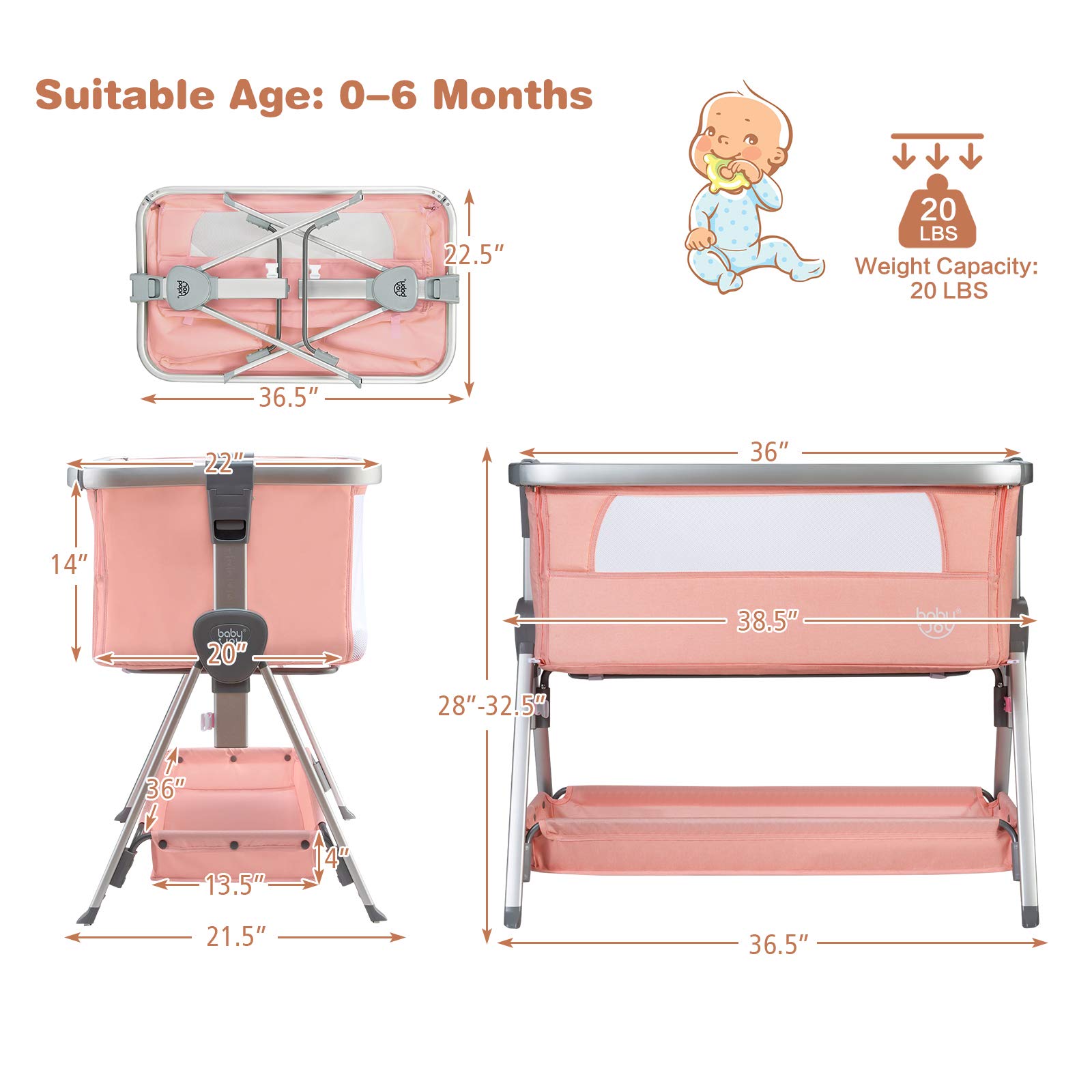 **BABY JOY Portable Bedside Bassinet for Newborns - Adjustable Height, Breathable Mesh, Wheels & Storage - Baby Crib with Mattress for Nursery, Travel & Home Use - Pink**