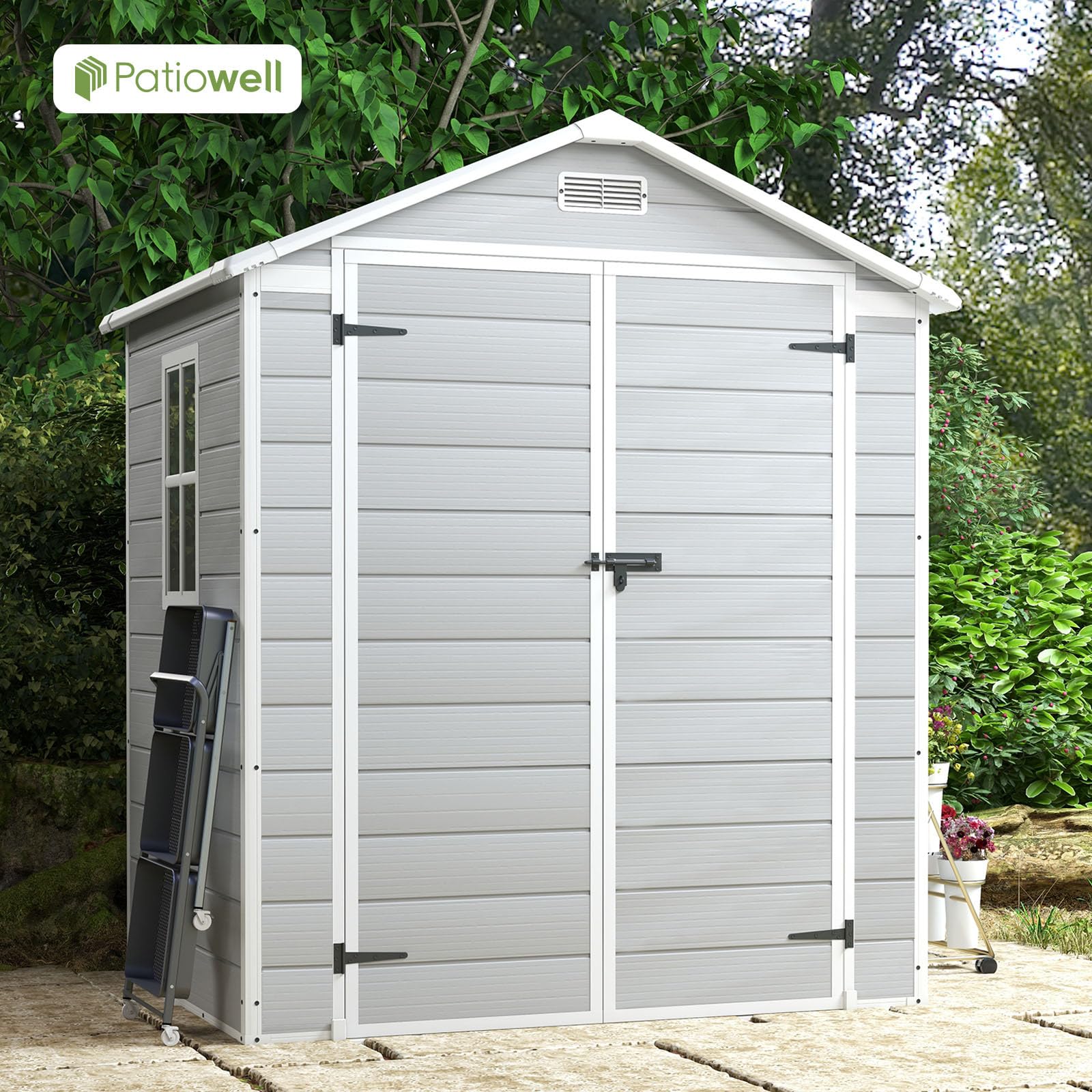 Patiowell 6x4 FT Plastic Outdoor Storage Shed - Waterproof Garden Shed for Patio Furniture, Lawn Mower, Bikes & Beach Chairs - Durable White & Grey Utility Shed for Backyard, Garage & Poolside Storage