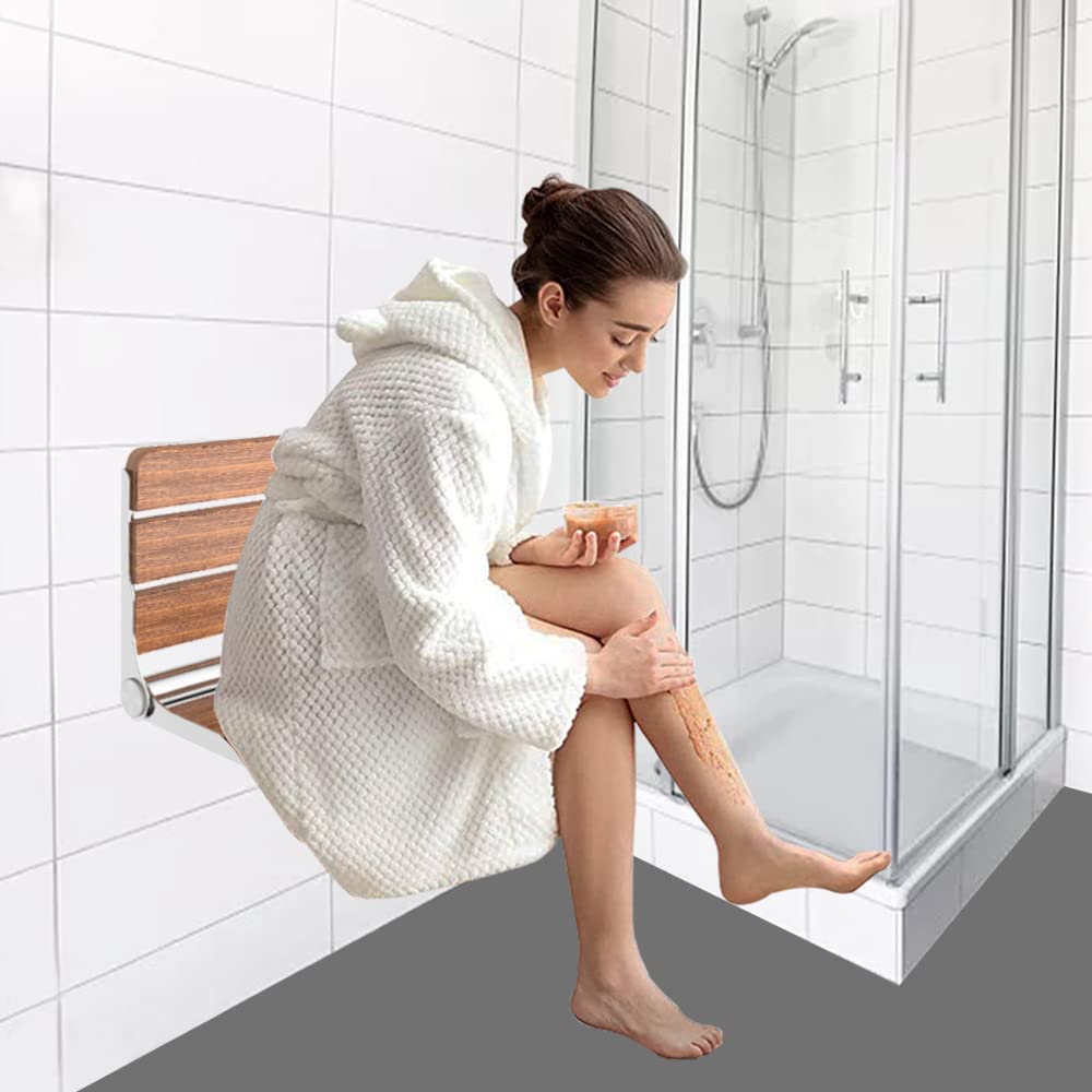 Foldable Wall Mounted Shower Seat for Elderly & Disabled Adults - Non-Slip Fold Up Shower Stool with Adjustable Height, Waterproof Bathroom Chair for Safe Showering (Ideal for Seniors, Rehab & Small Spaces)