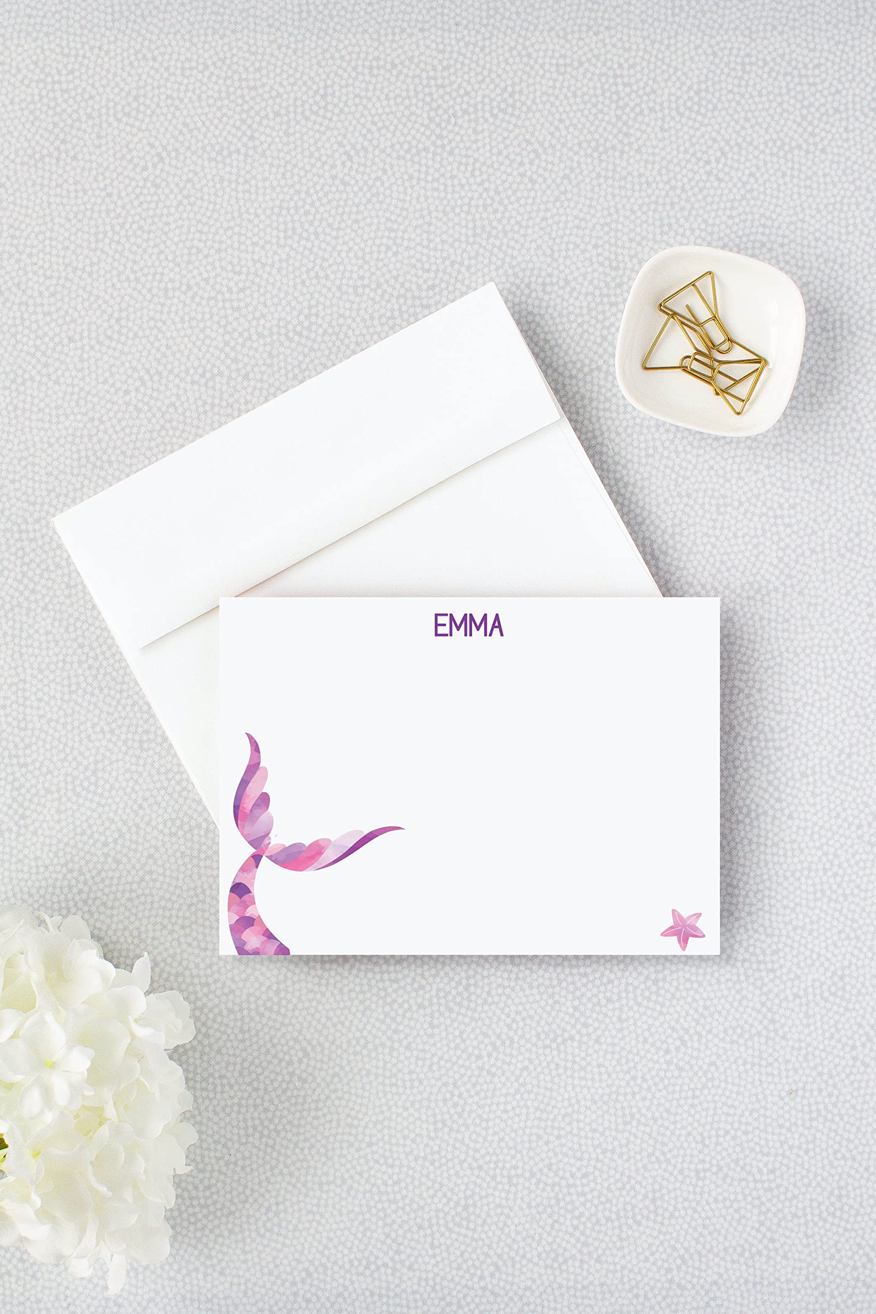 Personalized Mermaid Tail Stationery Set for Girls - Custom Name Note Cards with Envelopes | Kids' Blue & Green Mermaid-Themed Flat Cards (10-Pack) | Perfect for Birthday Invitations, Thank You Notes & Creative Writing