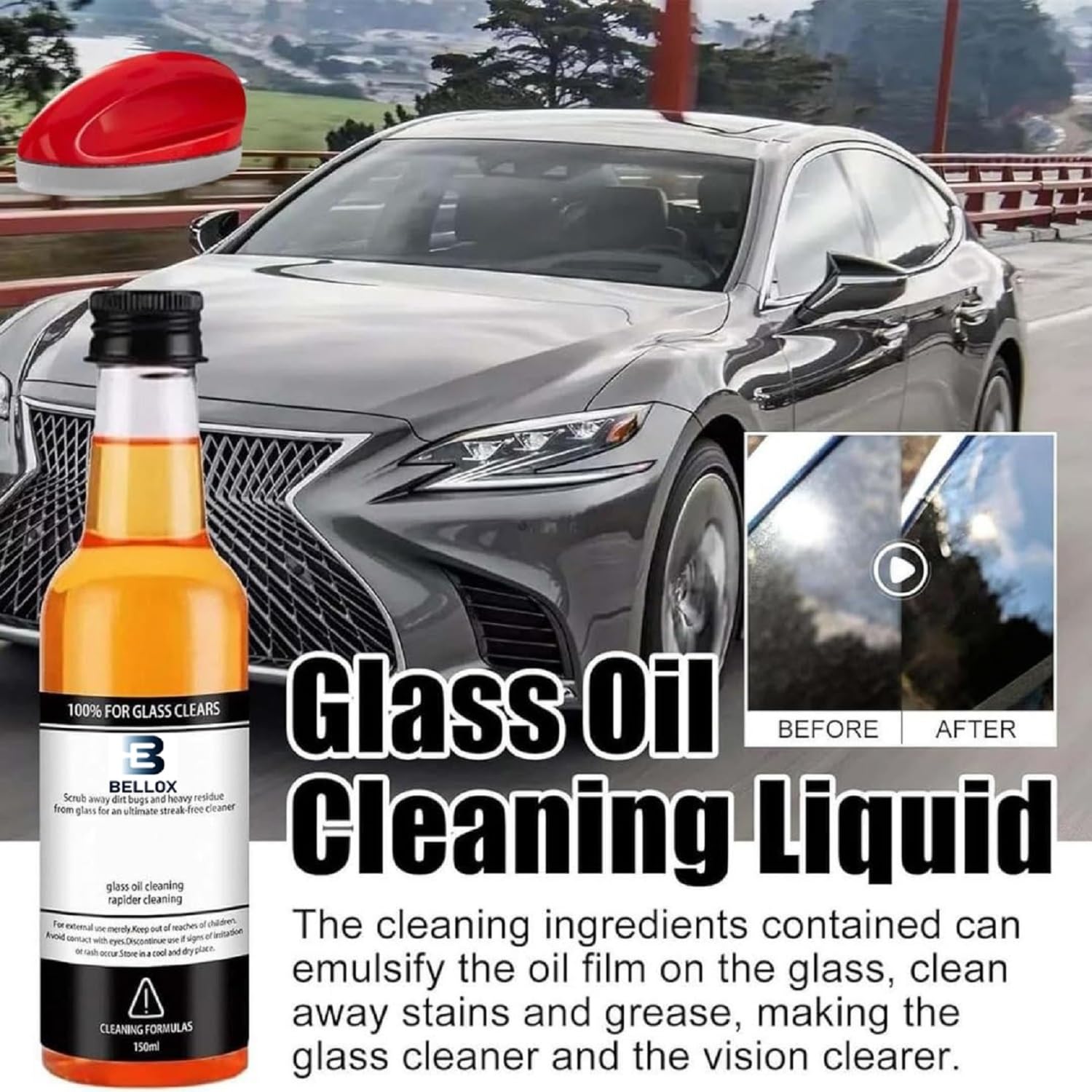 BELLOX Car Windshield Glass Cleaner with Sponge | Oil Film & Water Spot Remover for Auto & Home Windows | Streak-Free Cleaning Solution, 100ml (Pack of 2) | Perfect for Cars, Trucks, Mirrors & Glass Tables