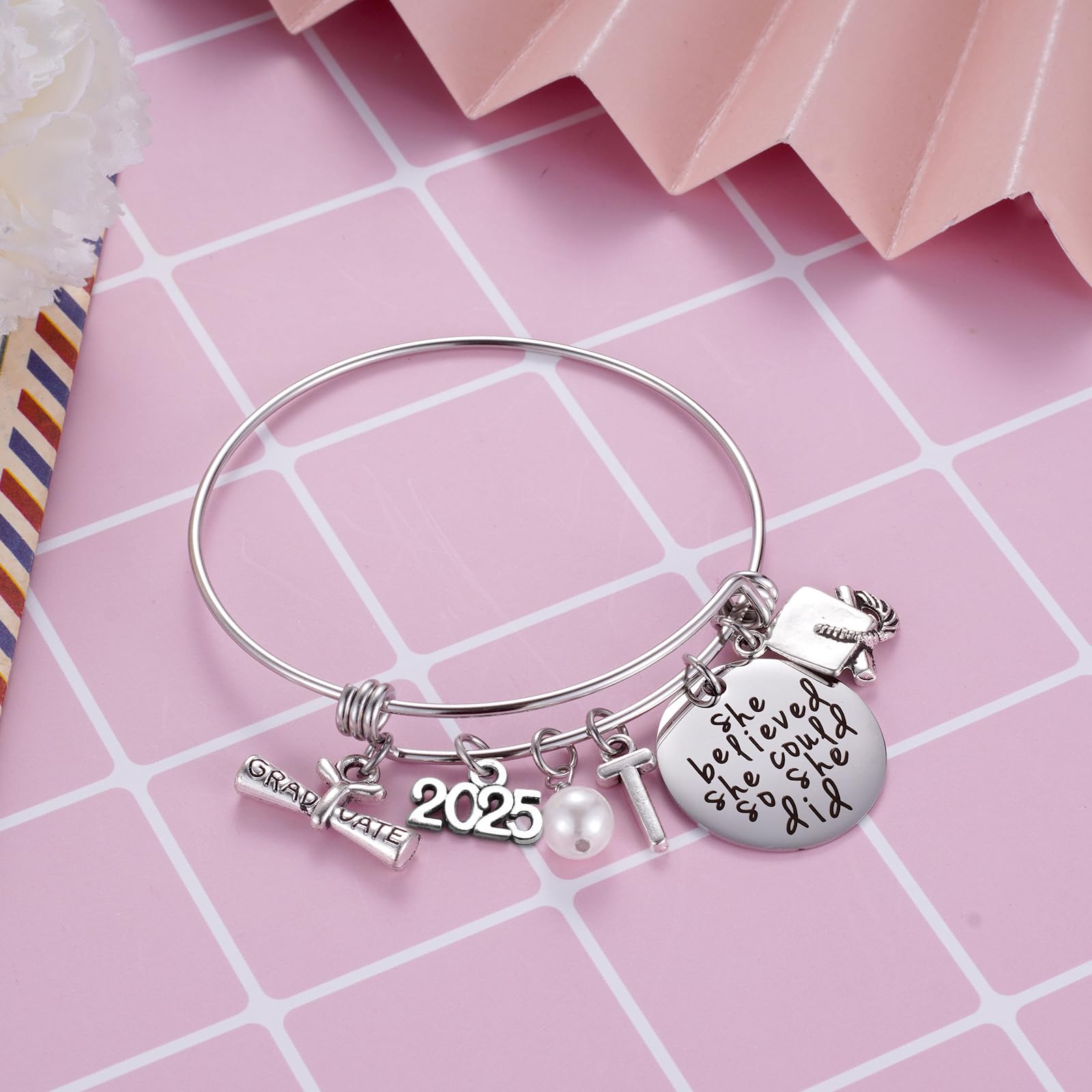 Ukodnus Class of 2025 Graduation Gift Bracelet - Personalized 26 Initial Charm Bracelet for High School & College Seniors - Inspirational Graduation Jewelry for Women - Perfect Gift for Graduation Ceremony, Senior Week & Alumni Reunions