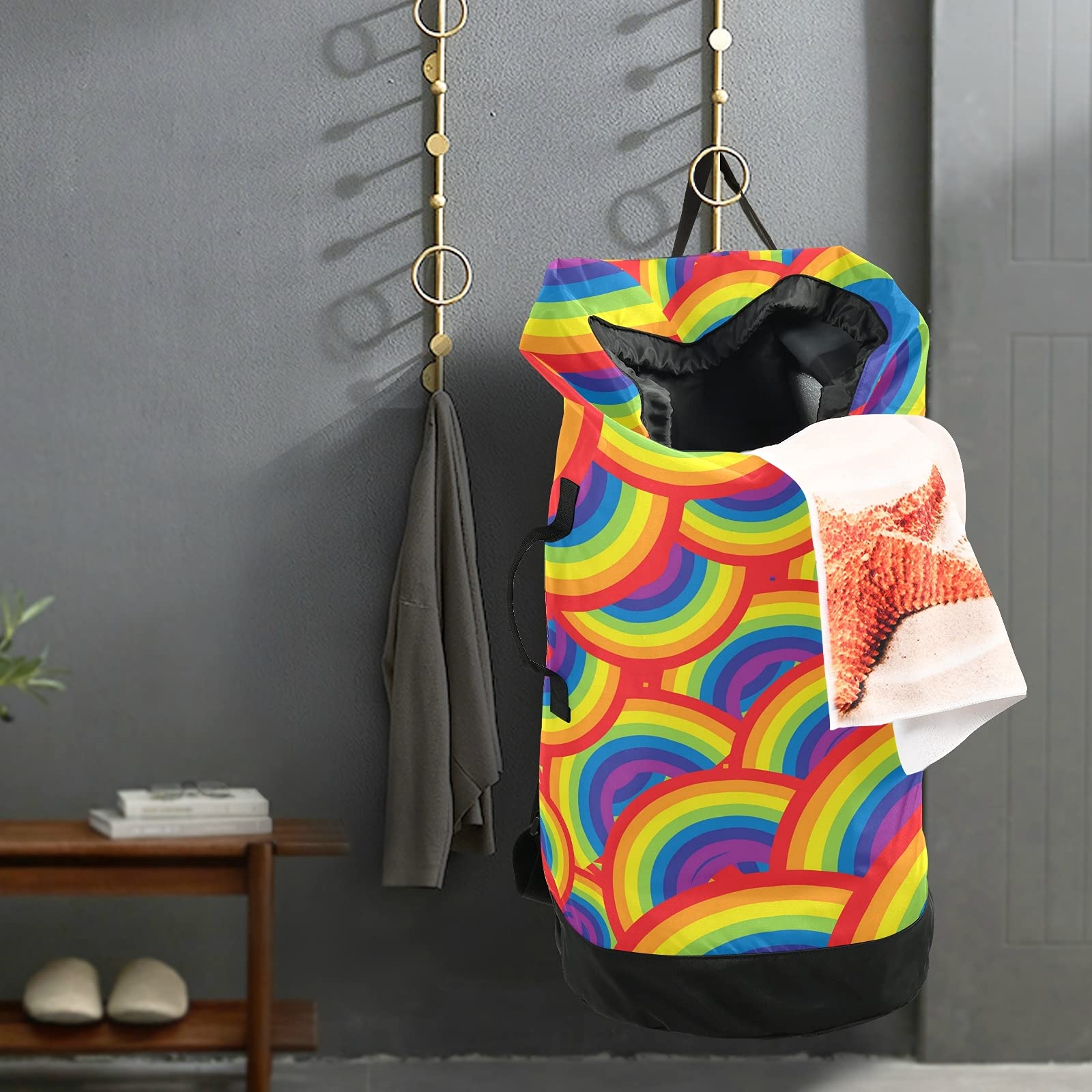 Abstract Rainbow Seamless Backpack Laundry Bag with Adjustable Straps - Drawstring Hamper for Dirty Clothes & Toy Storage - Perfect for Dorm, Travel & Camping