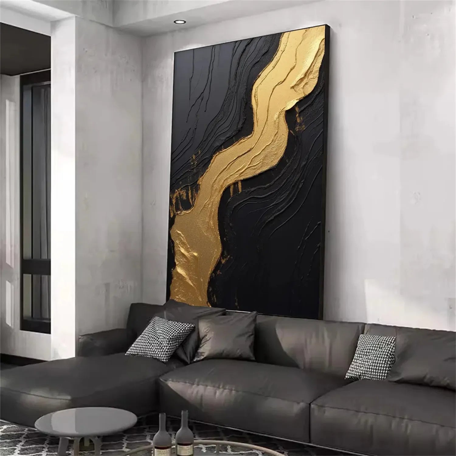 Black Gold Minimalist Textured Wall Art Painting #MZ130 - Modern Home Decor for Living Room, Bedroom & Office