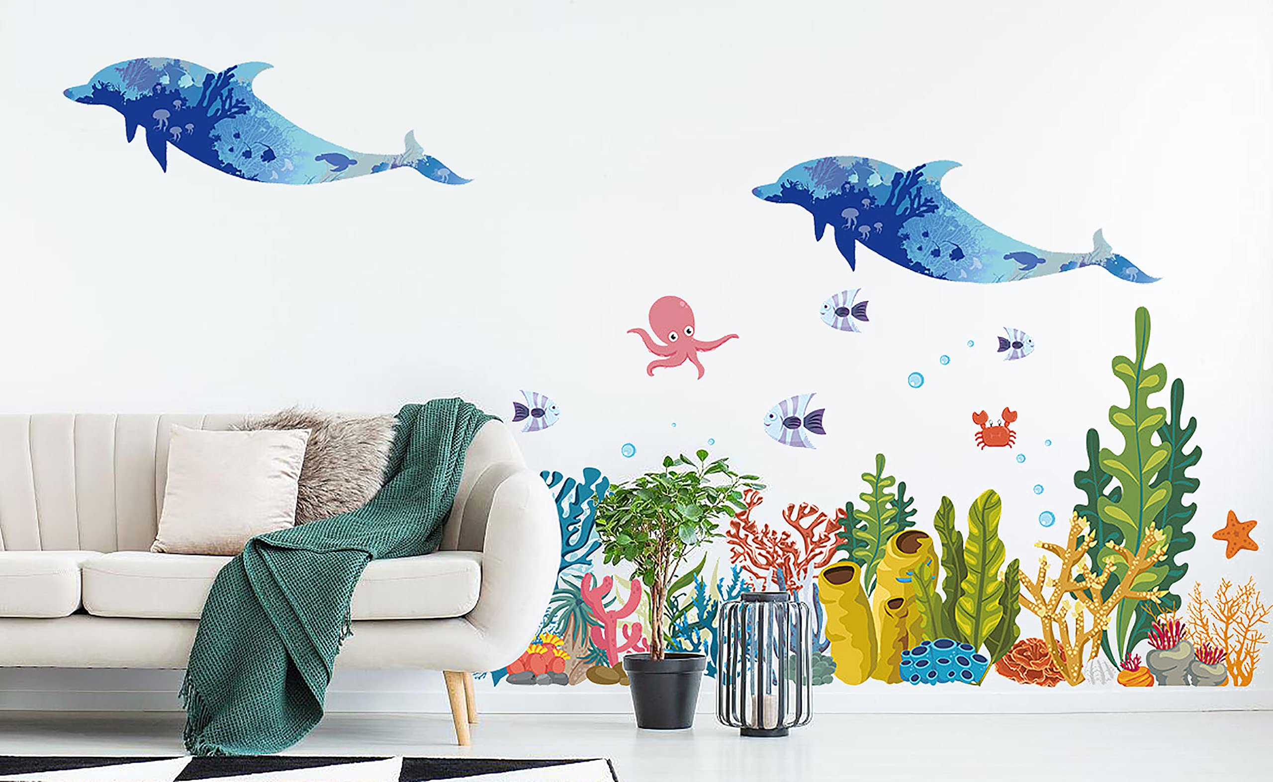 Removable Ocean Dolphin Wall Stickers - Underwater Coral Sea Decor for Bathroom, Bedroom, Kids Room & Living Room | Perfect for Nursery, Beach Theme Parties & Home Decoration