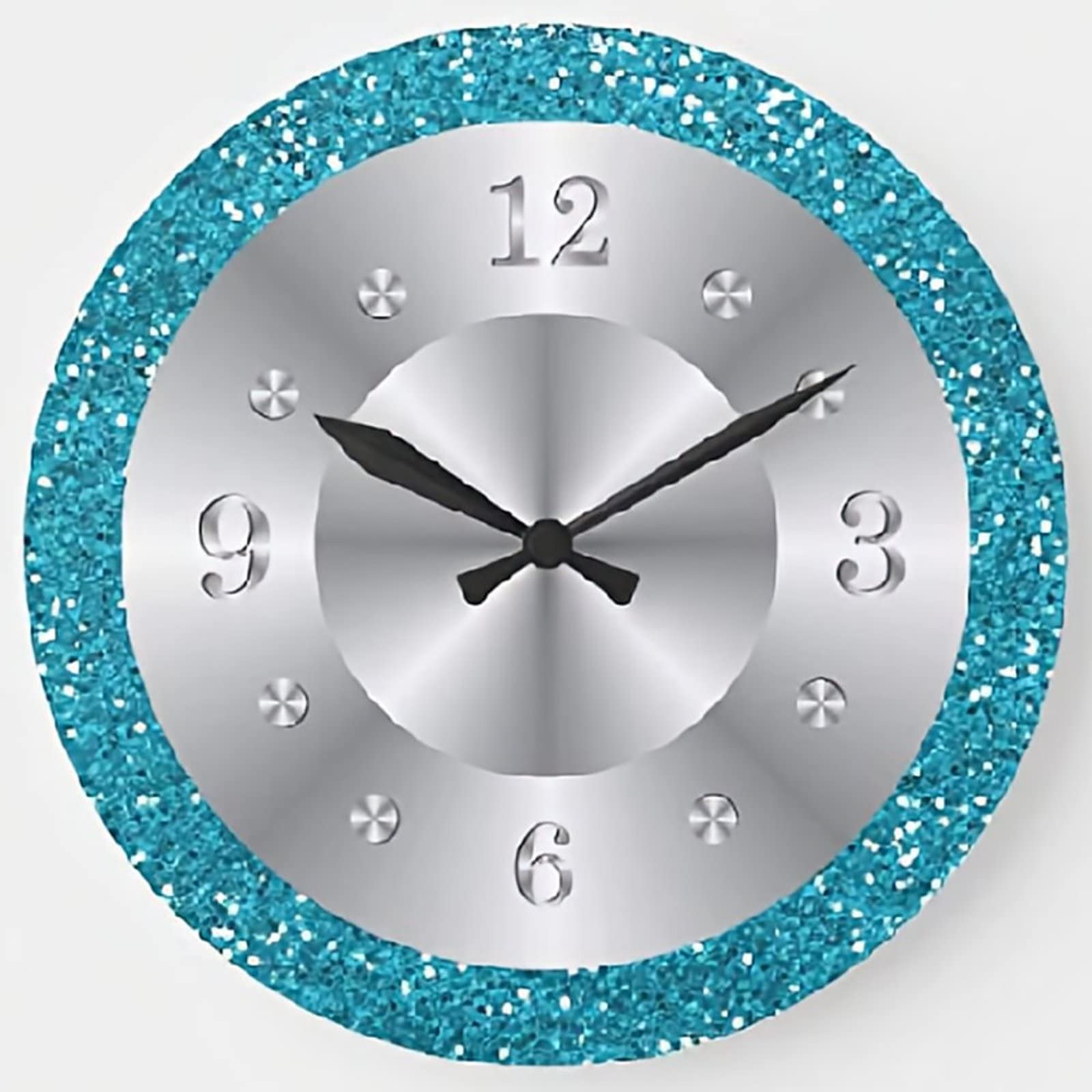 10 Inch Stylish Turquoise Blue Glitter Wall Clock - Silent Battery Operated Round Wooden Wall Decor for Bedroom, Living Room & Office | Elegant Home & Office Decoration