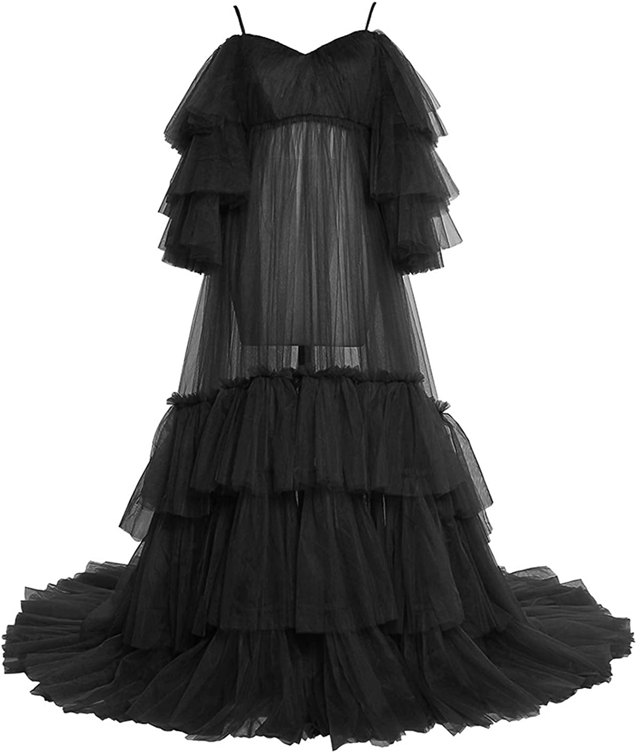 BEIRTY Elegant Tulle Ruffle Maternity Gown - Maxi Lingerie Robe & Nightgown for Pregnancy - Comfortable Pregnant Dress for Baby Shower, Maternity Photo Shoot & Special Occasions