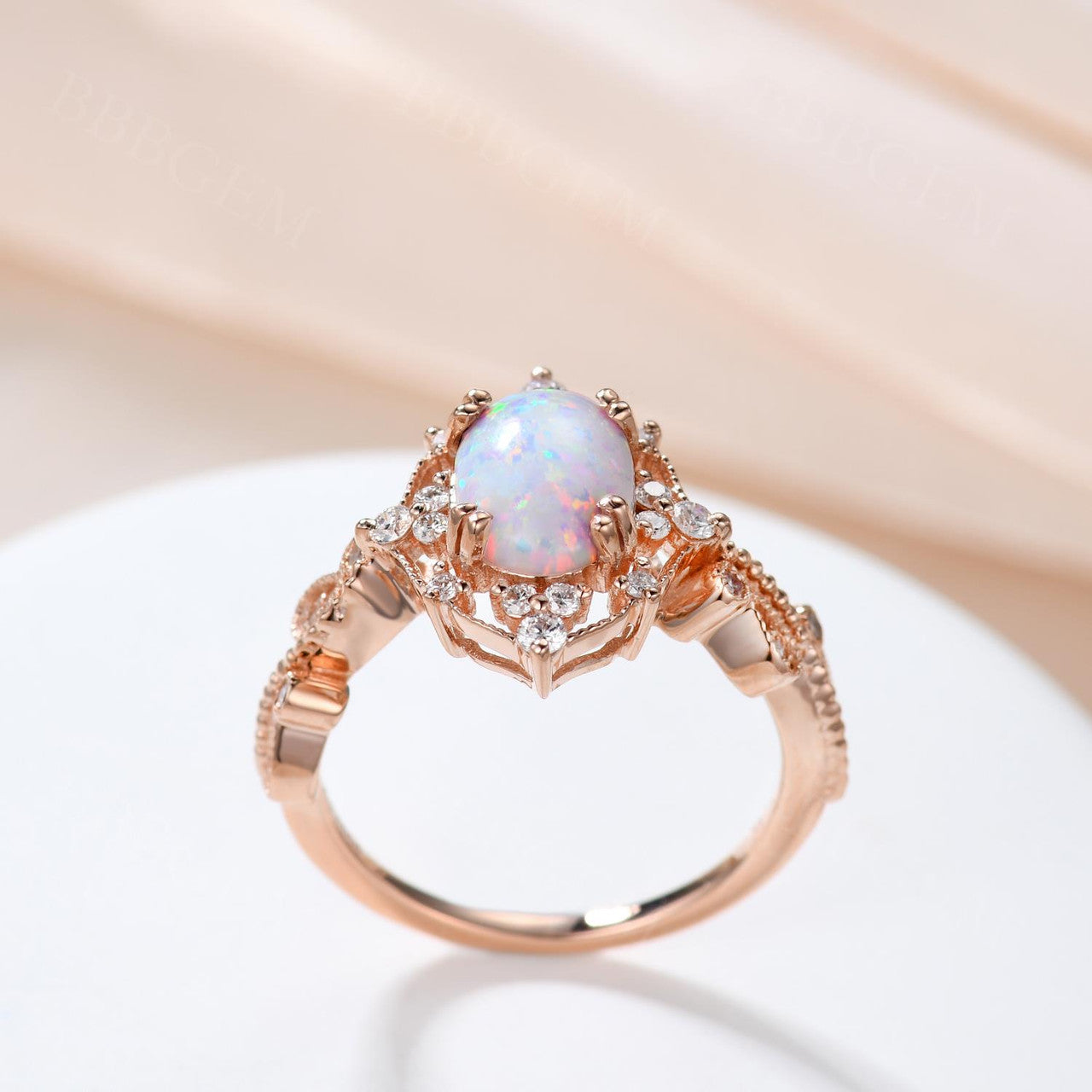 14K Yellow Gold White Opal Engagement Ring with Diamond Accents - Filigree Milgrain Wedding Band for Women, Bridal Jewelry Gift for Her | Perfect for Proposals, Anniversaries & Special Occasions