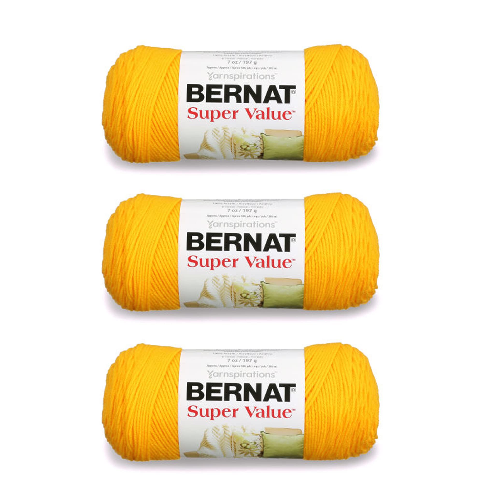 Bernat Super Value Yarn 3-Pack - Bright Yellow Acrylic Knitting & Crochet Yarn (3 Skeins) - Perfect for Blankets, Scarves & DIY Craft Projects