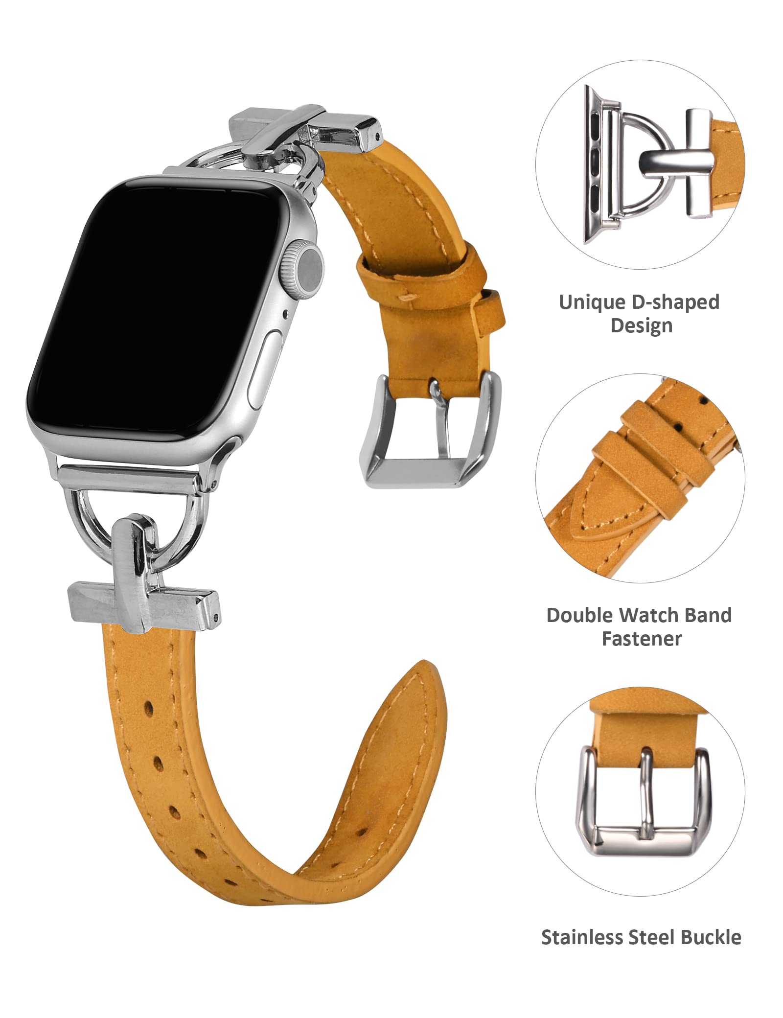 Premium Genuine Leather Band for Apple Watch - Compatible with All Series (1-10, SE, Ultra) & Sizes (38mm-49mm) - Elegant Dressy Strap for Women & Men - Perfect for Business, Parties & Everyday Wear