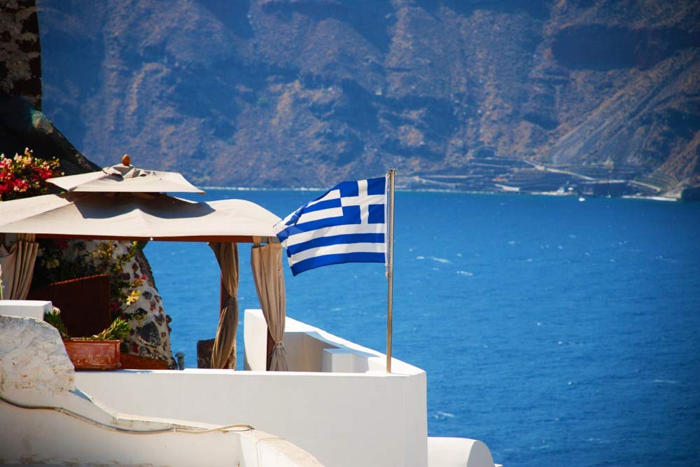 Greece Flag Cabana Photography - 36x54 Giclee Gallery Print, Travel Poster Wall Art Decor for Living Room, Office & Mediterranean Style Home Decor