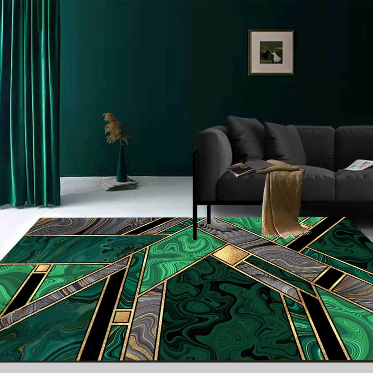 Green Black Gold Geometric Striped Area Rug 3x8 - Modern Abstract Marble Swirl Carpet for Living Room, Dining Room & Bedroom - Soft Thick Washable Indoor Floor Mat - Perfect for Home Office, Retro Decor & Cozy Spaces
