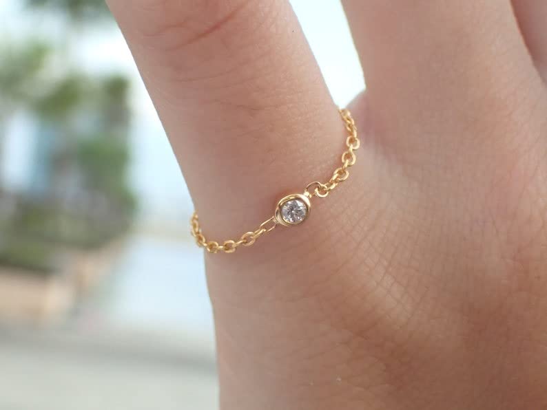 14K Yellow Gold Dainty Diamond Chain Ring - Natural Diamond Bezel Set Minimalist Band for Women - Perfect for Everyday Wear, Gift Giving & Special Occasions
