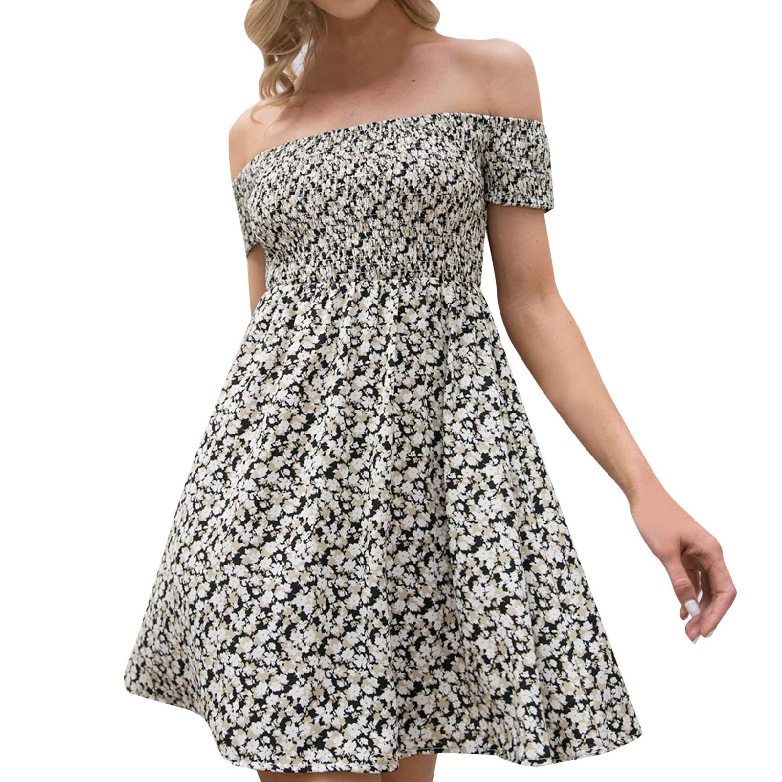 Women's Summer Casual Off Shoulder Mini Dress - Floral Print Sexy Sundress for Beach, Vacation & Date Night