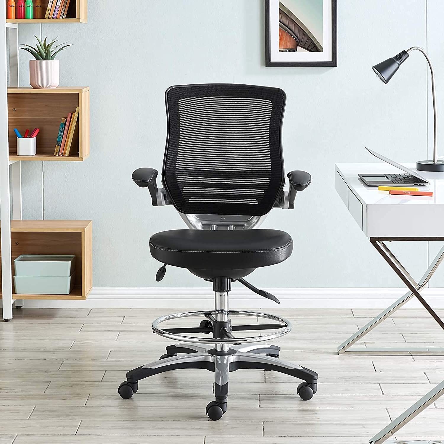 Modway Edge Drafting Chair - Adjustable Height Office Chair with Flip-Up Arms for Reception Desk, Drafting Table & Home Office - Ergonomic Black Task Chair for Professionals & Students