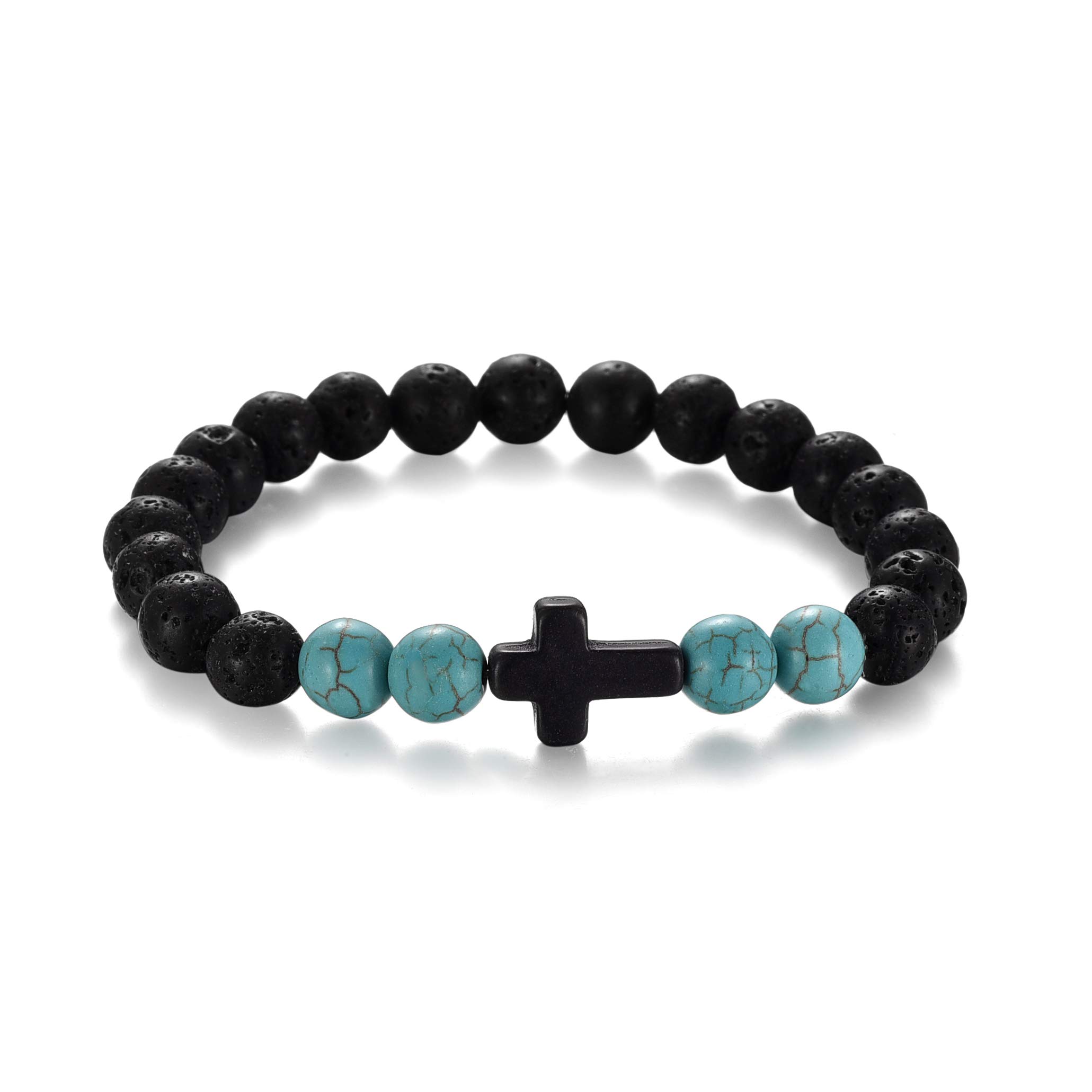 4PCS Cross Beads Stretch Bracelets for Men & Women - 8mm Healing Lava Stone Beaded Bracelet Set (7.5