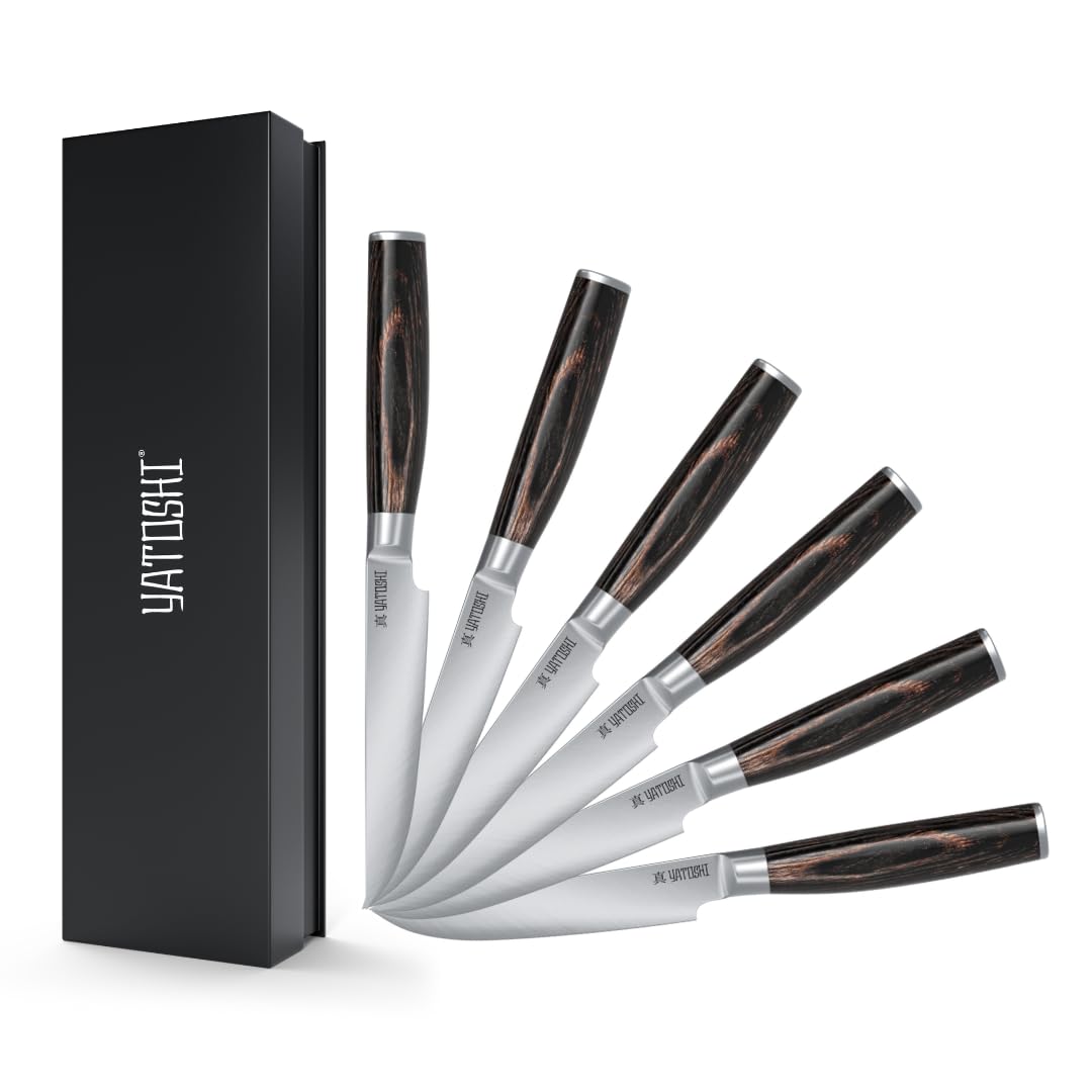 Premium Yatoshi Steak Knife Set - 6 Piece High-Carbon Stainless Steel Knives with Ergonomic Handles for Perfect Slicing - Ideal for BBQ, Dinner Parties & Steakhouse-Style Cutting at Home