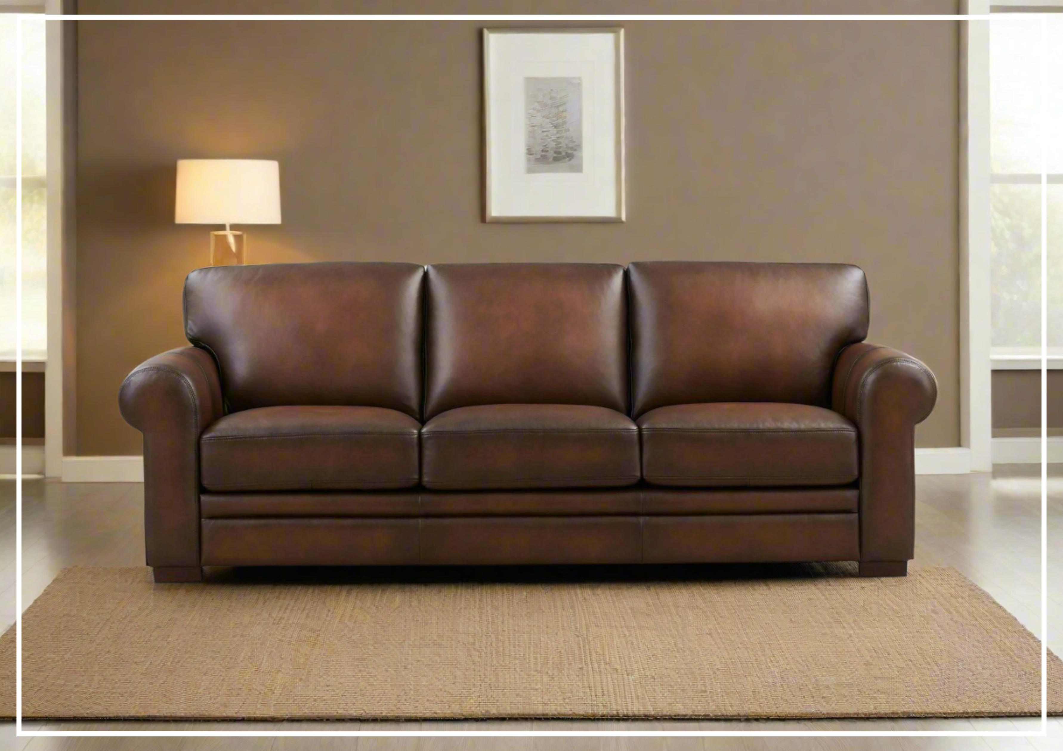 Hydeline Brookfield Brown Top Grain Leather 3-Seater Sofa - Luxurious Genuine Leather Couch for Living Room, Lounge & Home Theater - Perfect for Family Gatherings & Movie Nights