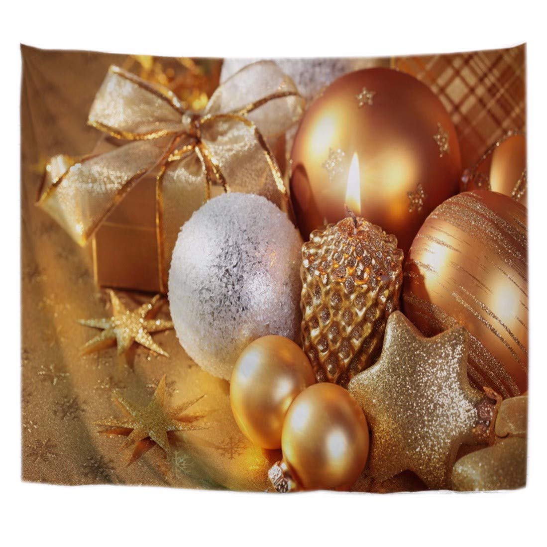 Golden Champagne Glitter Star Ball Christmas Candles Holiday Ornaments - Printed Fabric Tapestry Wall Hanging Decor for Home, Party, Wedding & Festive Decorations