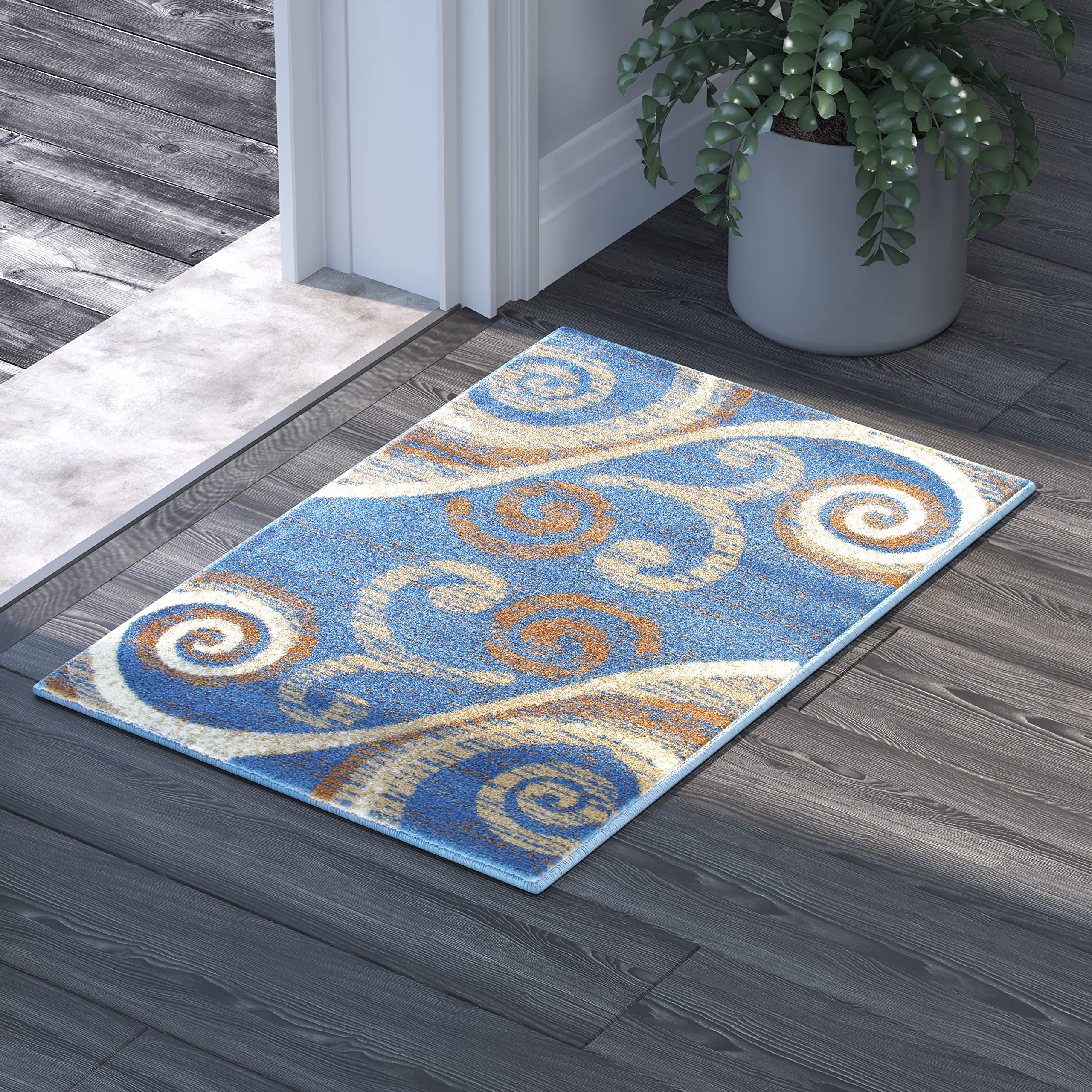 EMMA + OLIVER Blue Swirl Pattern Olefin Accent Rug 2x3 - Plush Pile, Stain & Moisture Resistant, Easy Care with Jute Backing - Perfect for Living Room, Bedroom or Office Decor