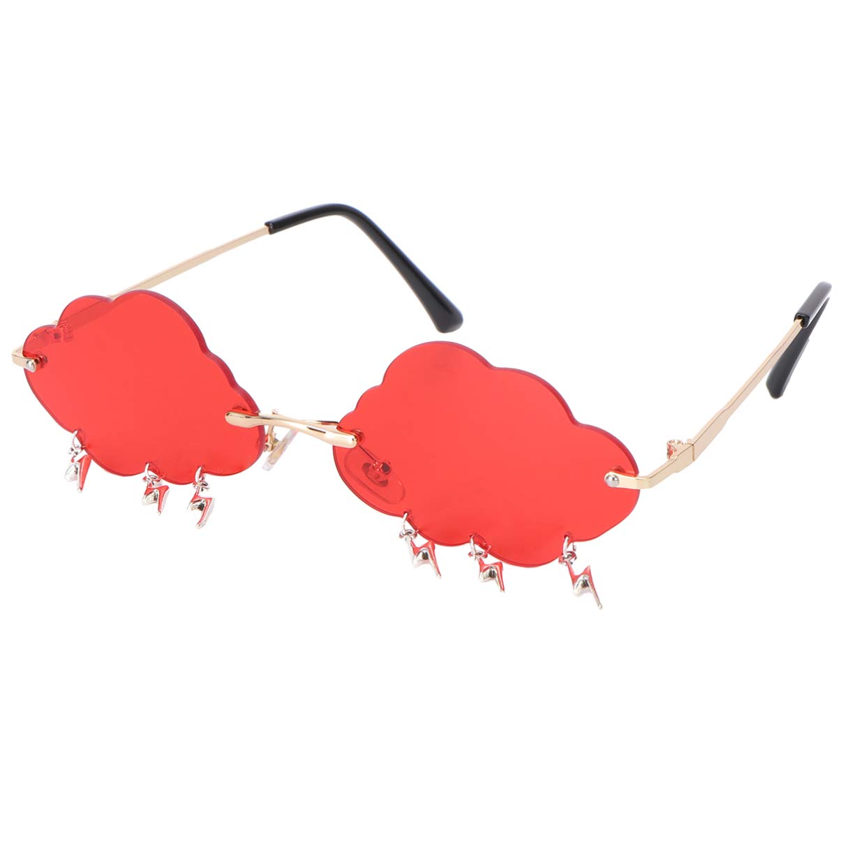 Trendy Cloud Shaped Rimless Sunglasses for Women with Lightning Charms - Fashionable Colored Red Lens UV Protection - Perfect for Beach, Driving & Outdoor Activities