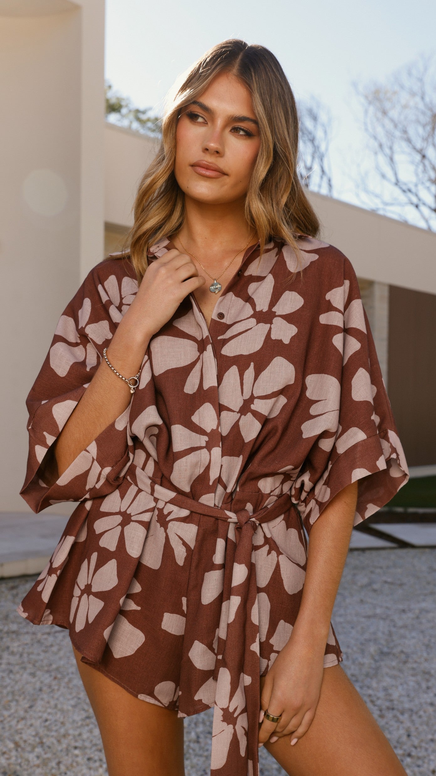 Bailin Women's Playsuit Romper - Brown Daylillies Floral Print Jumpsuit for Summer Casual Wear, Beach Vacation, and Outdoor Activities