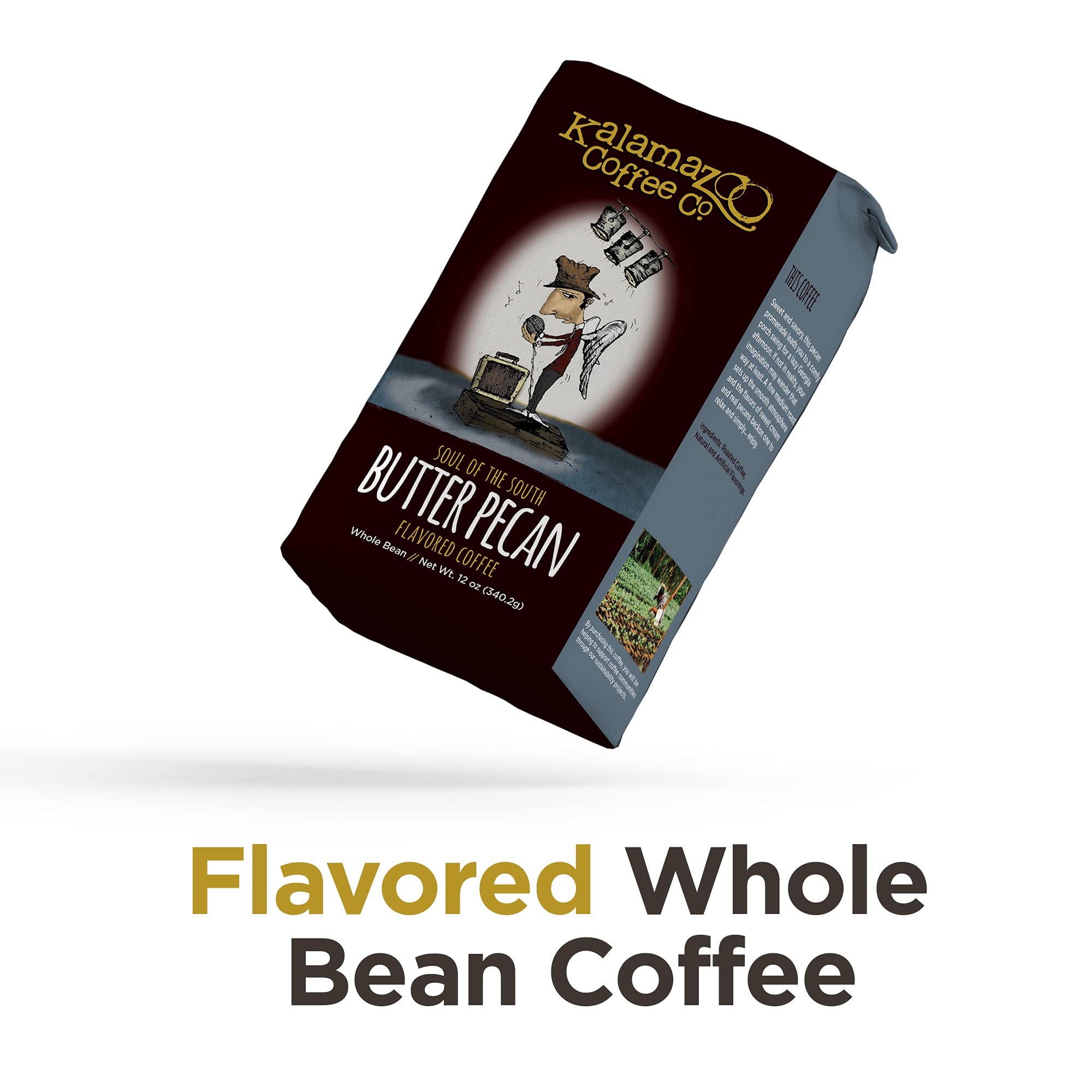 KALAMAZOO COFFEE COMPANY Butter Pecan Whole Bean Coffee - Soul of the South Flavored Coffee | 12oz Bag (3 Pack) | Perfect for Home Brewing, Office Use & Gift Giving