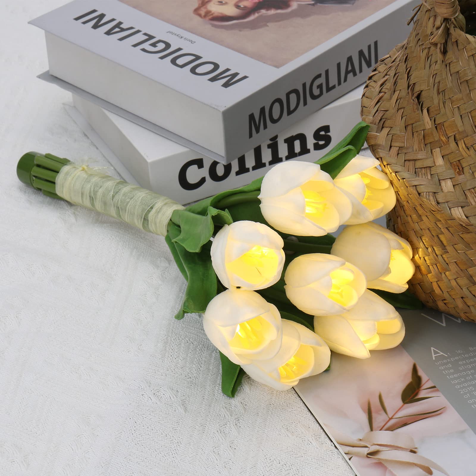 White Tulips Artificial Flowers 8pcs - Real Touch PU Fake Tulips Bouquet with LED Lights for Home, Wedding, Office Decor - Perfect for Table Centerpieces, Indoor Arrangements & Gift Giving