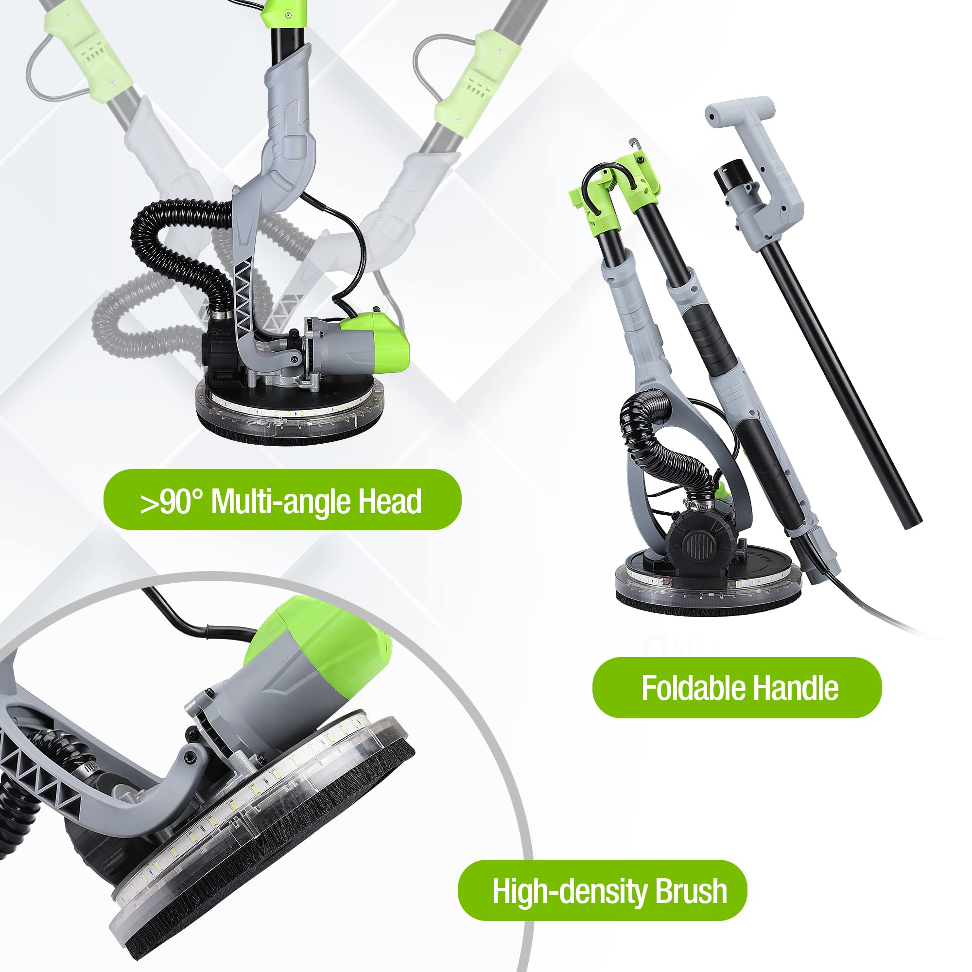 WORKPRO 720W Electric Drywall Sander with 12 Sanding Discs, 7-Speed Adjustable (1100-1850 RPM) - Wall Sander with Extendable Handle & LED Light for Drywall Repair, Ceiling Smoothing, and Floor Sanding - Perfect for Home Renovation and Professional Construction Projects